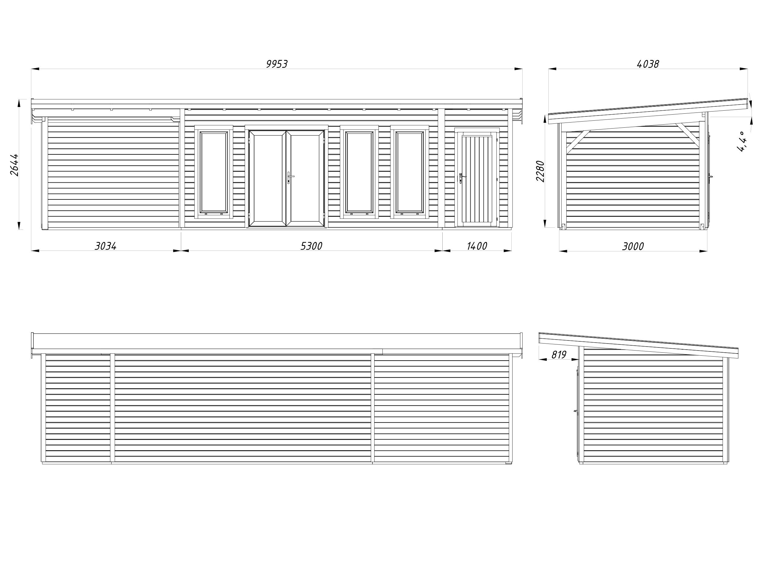 Studio de jardin en bois avec pergola Aurelia -PALMAKO - Ep.44 mm - 973x300 cm - 39.6 m² - Double vitrage trempé - 5