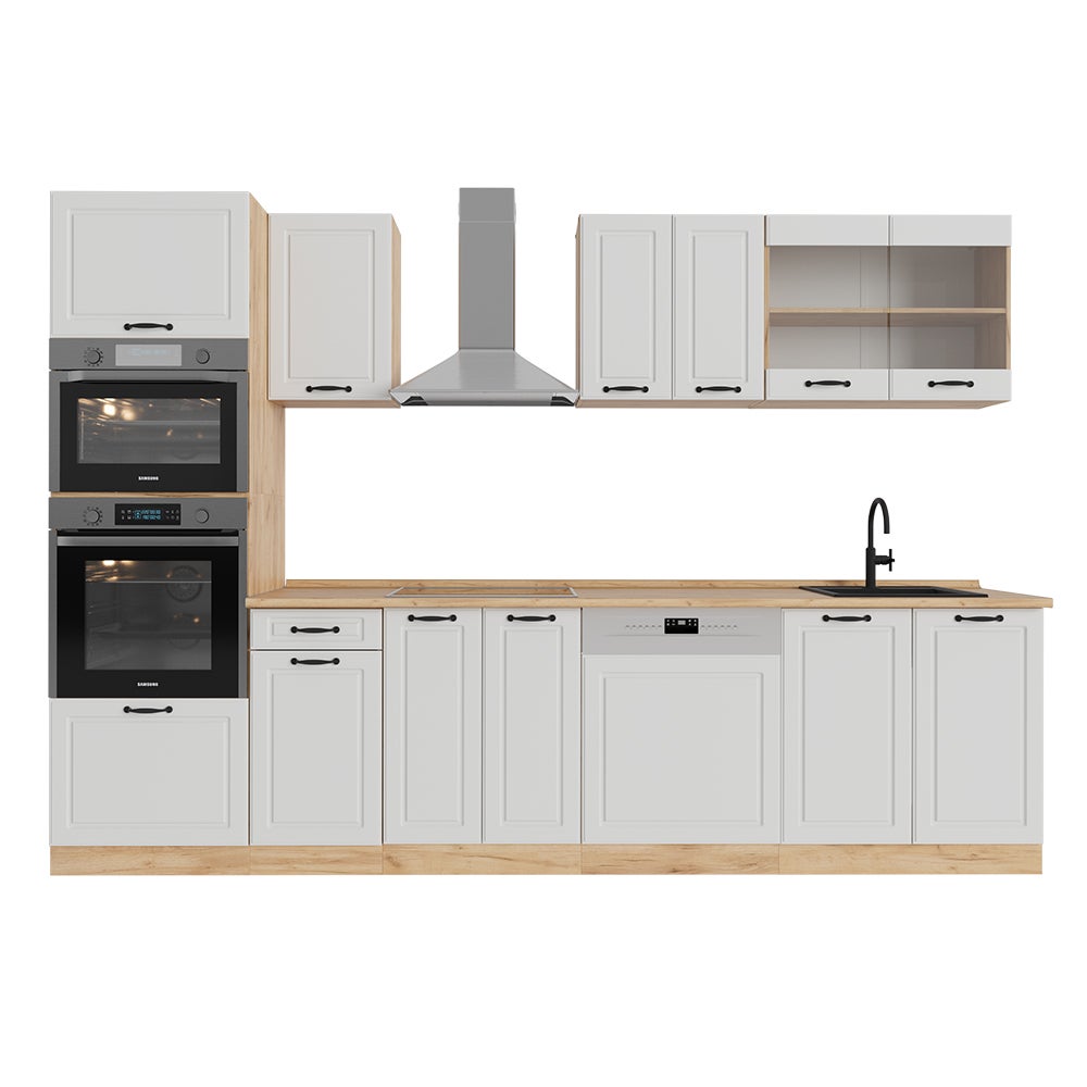 Vicco Aneks kuchenny R-Line, Biały dworek/złoty dąb, 300 cm z wysoką szafką, BP Dąb