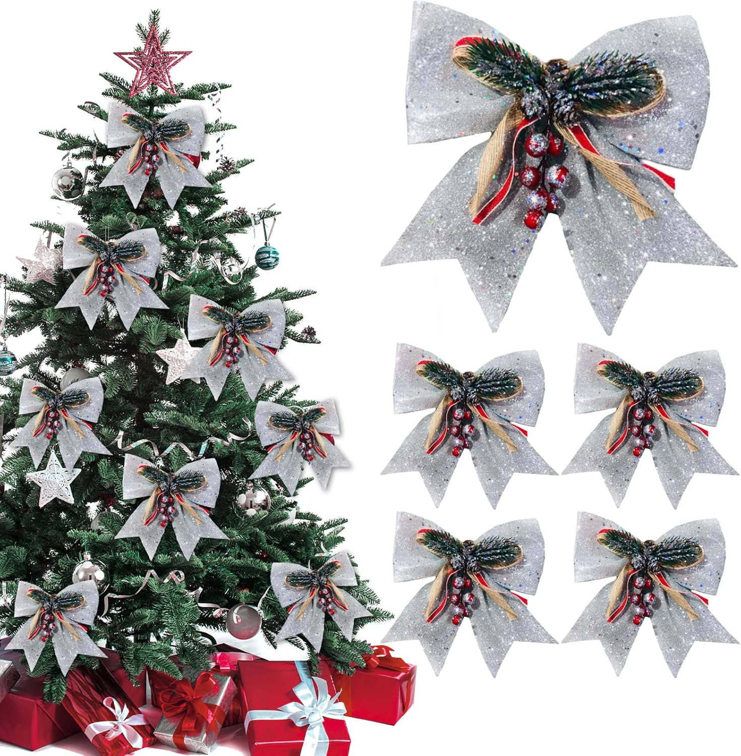 12 Pièces Grande Noeud de Noël 18x13cm - Paillettes Nœuds Décoratifs Romantiques pour Cadeaux, Couronnes, Décorations d'Arbres et Mariage (Or