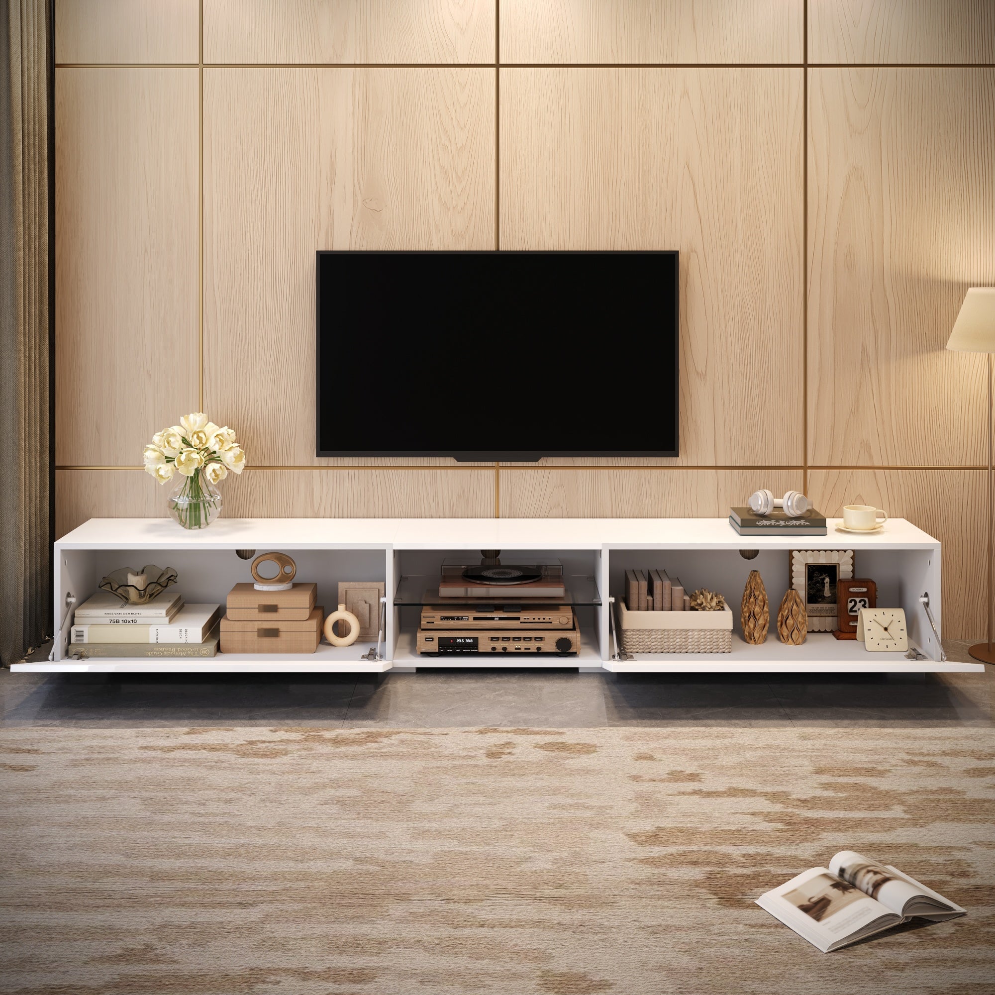 Szafka RTV 200 cm z 2 lakierowanymi drzwiami, oświetleniem LED i szklaną półką - Płyta wiórowa + MDF - 200 x 30 x 30 cm - Biała - 3