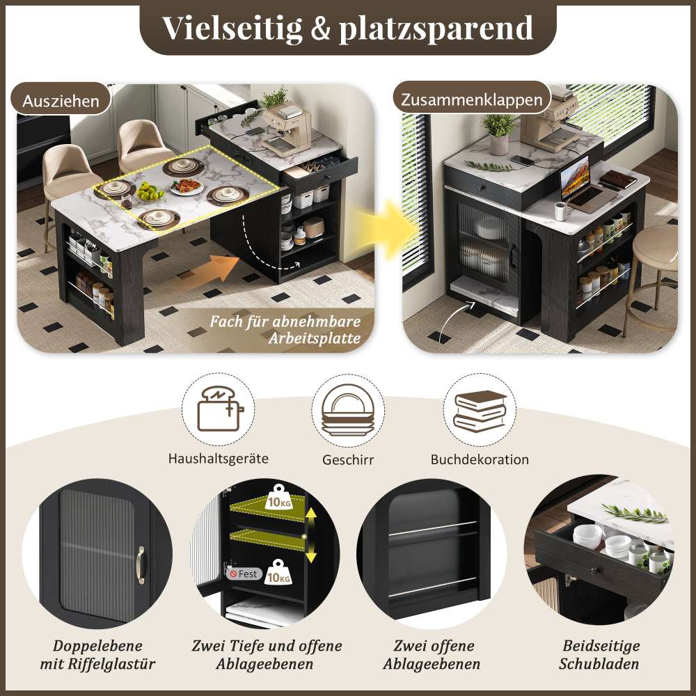 Îlot de cuisine avec roulettes et table extensible – Design marbré, prise intégrée, buffet multifonction pour cuisine et salle à manger - 7