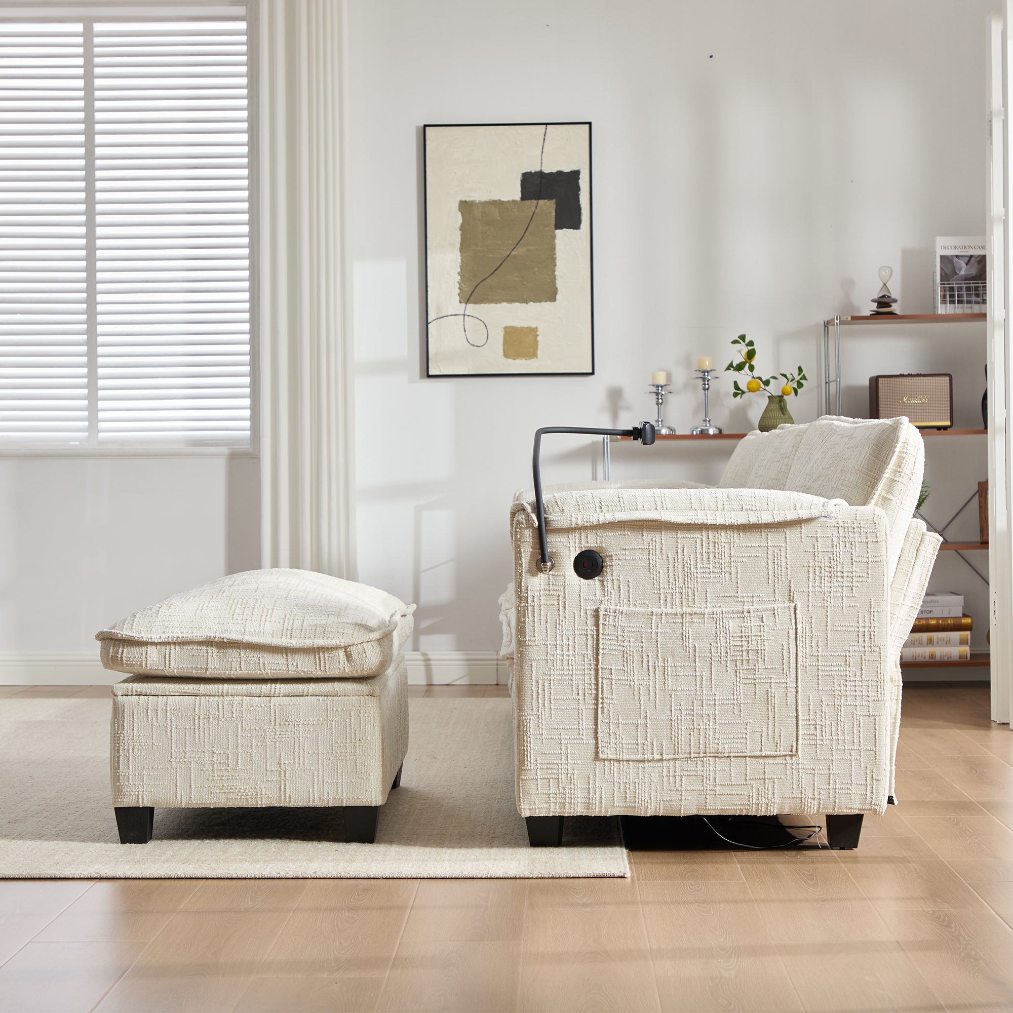 Divano 2 Posti USB Schiuma Memory Foam Borsa Laterale Supporto Mobile Sgabelli Modulari Ciniglia Beige Soggiorno Home Office - 8