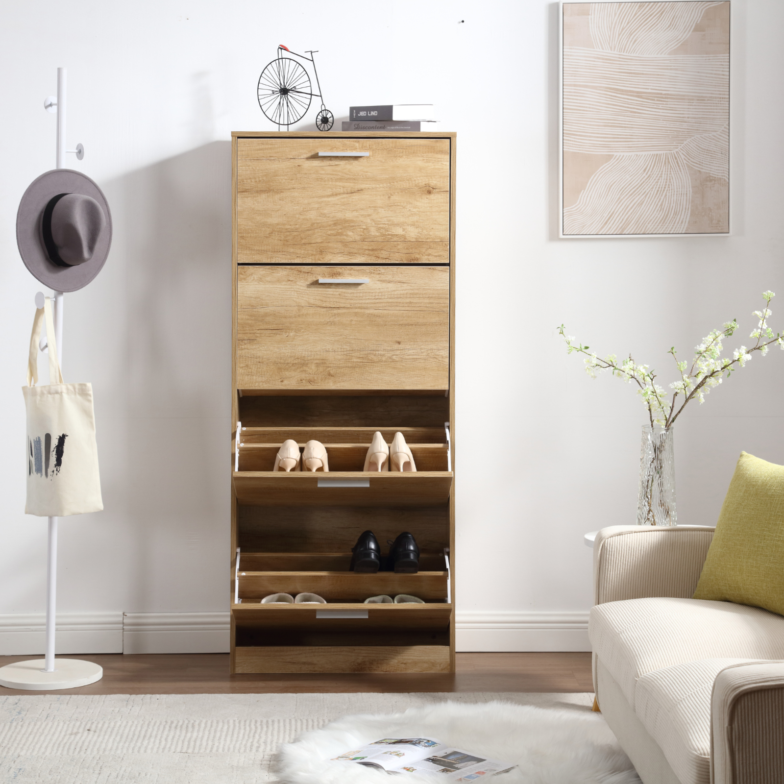 Meuble à chaussures gain de place 4 portes Double étagères cm 63x24x155 en bois pour entrée Slim, Chêne - ZIK - 7