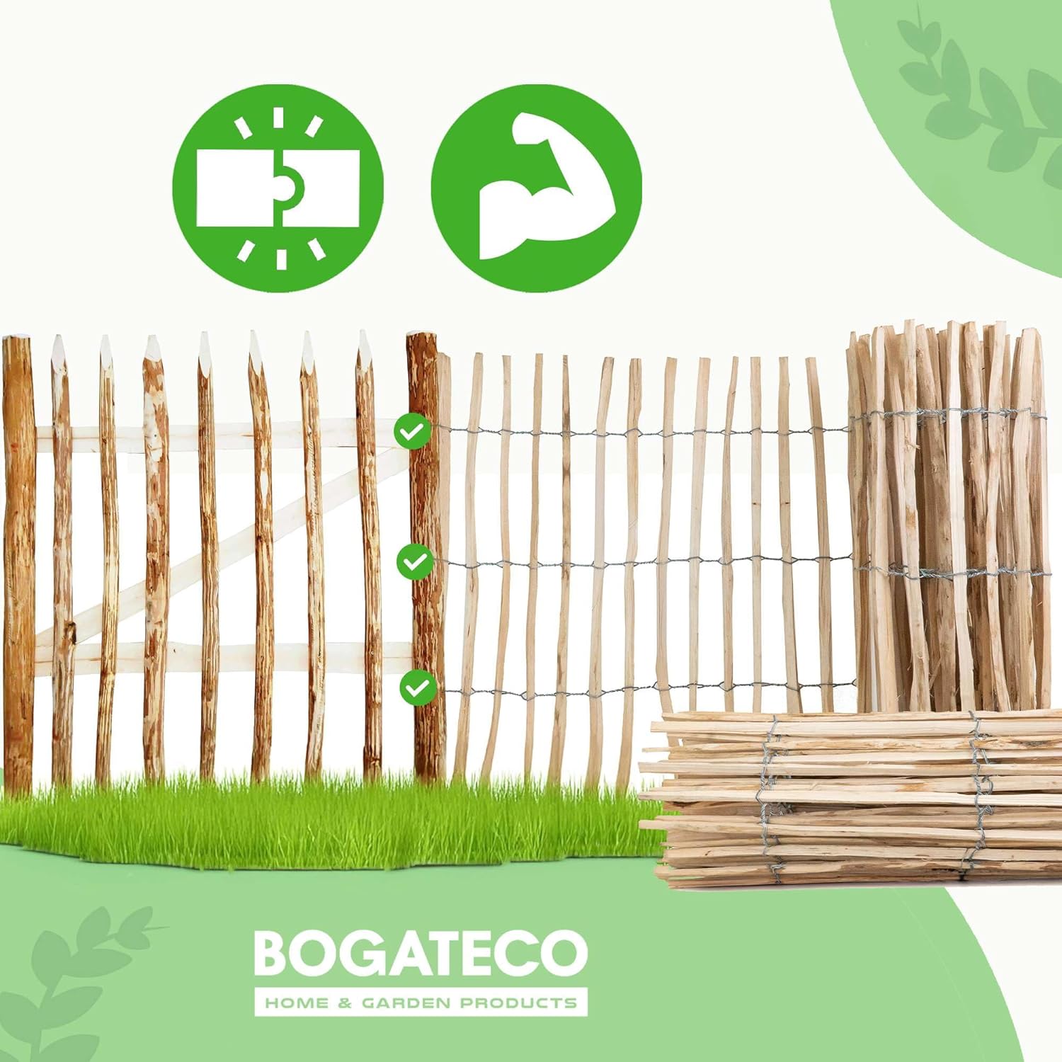 BOGATECO Clôture à piquets noisette châtaignier | Clôture en bois de 120 cm de haut et 500 cm de long | Espacement des lattes 7-8 cm | Durable - 5