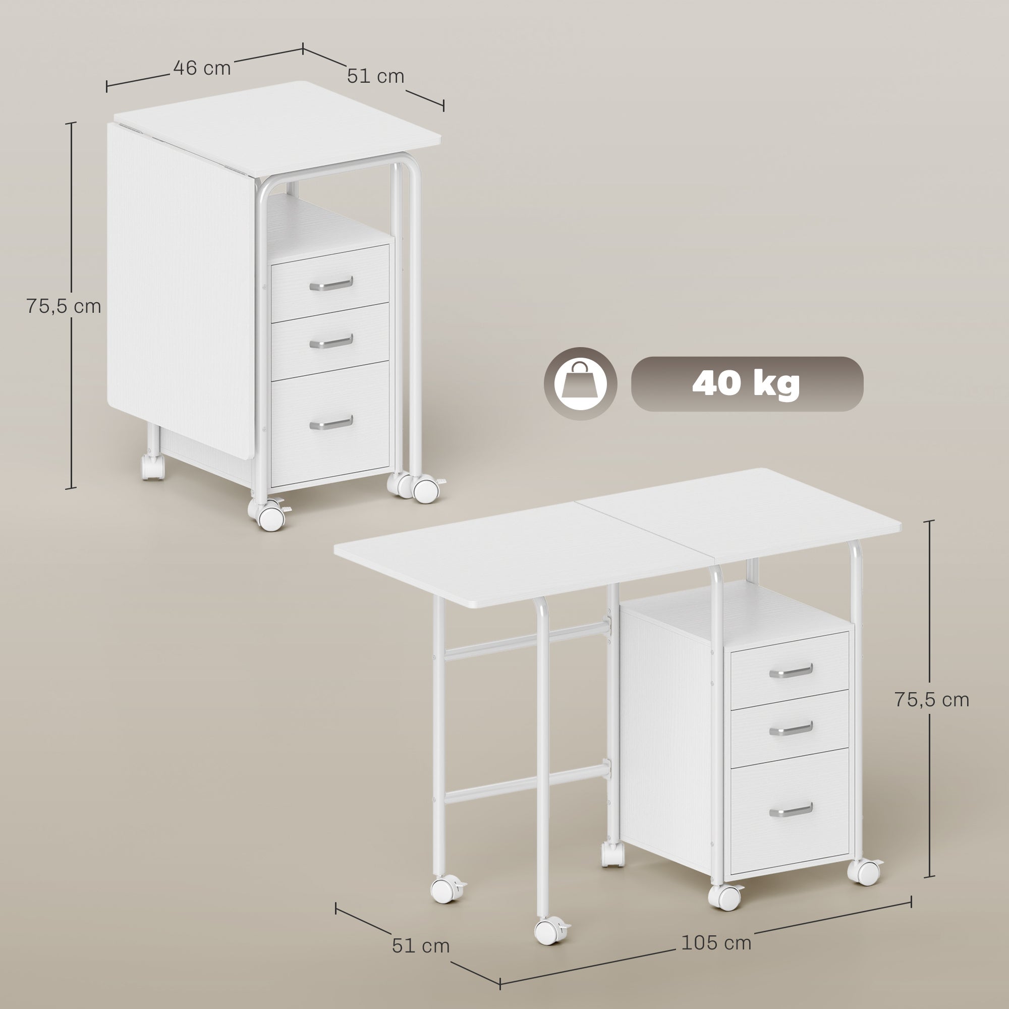 Bureau d'ordinateur pliable sur roulettes, avec rangements, 3 tiroirs ...