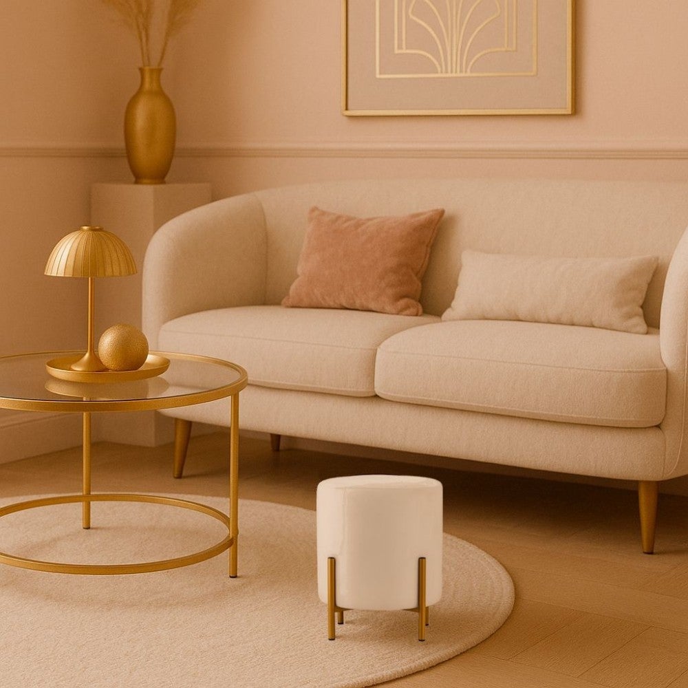 Pouf en velours beige rond pieds métal doré 36x30cm - Ornami - 2