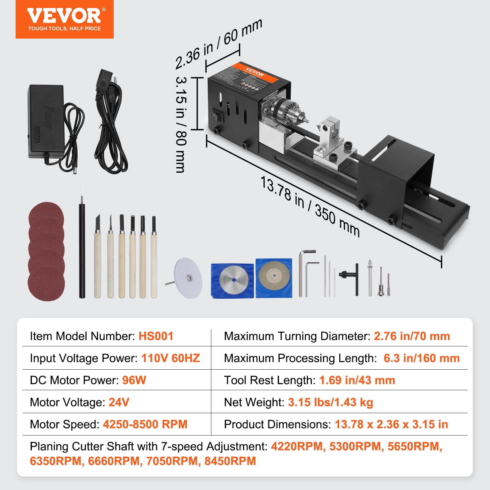 Torno para madeira VEVOR Mini 70x160 mm, torno elétrico para madeira 24 V 96 W, para fresadora, 7 velocidades 4220/5300/5650/6350/6660/7050/8450 rpm - 7
