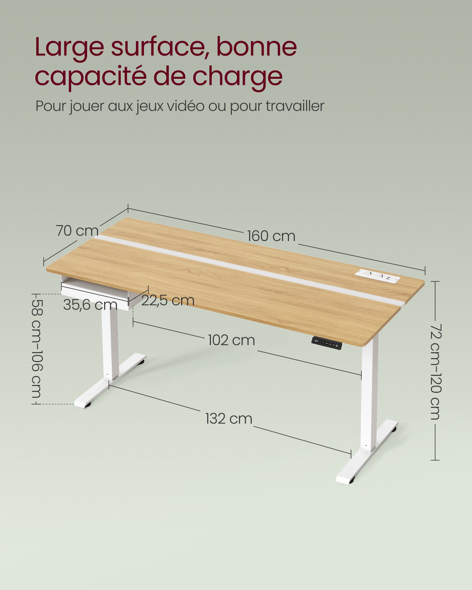 Bureau Électrique Réglable en Hauteur, Multiprise, Tiroir, 70 x 160 cm, Réglable en Continu, Couleur Chêne Naturel et Blanc Nuage - 5