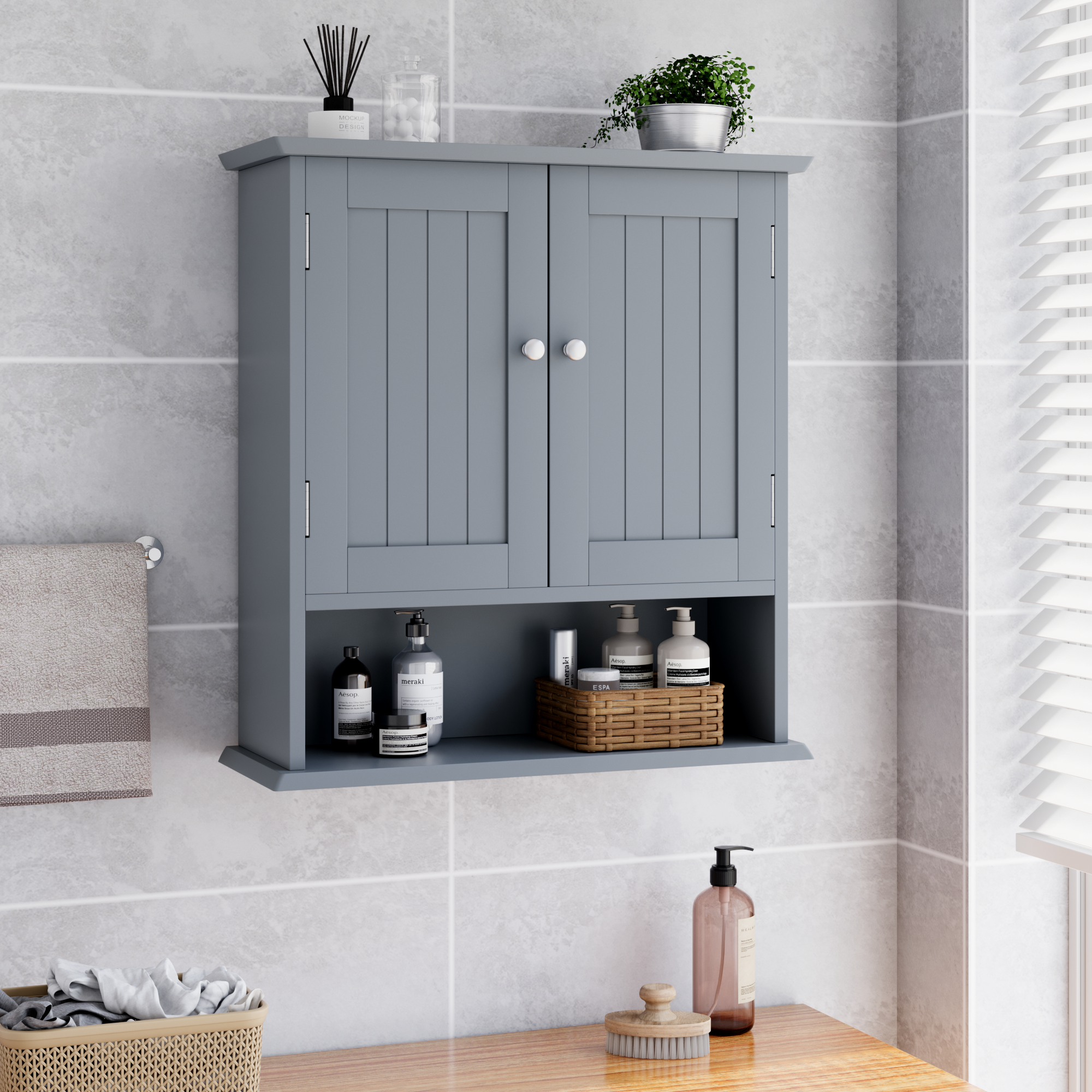Mueble de baño, mueble de baño con estante de pared con 2 puertas y estantes abiertos, estante de pared para inodoro, botiquín de baño - 4