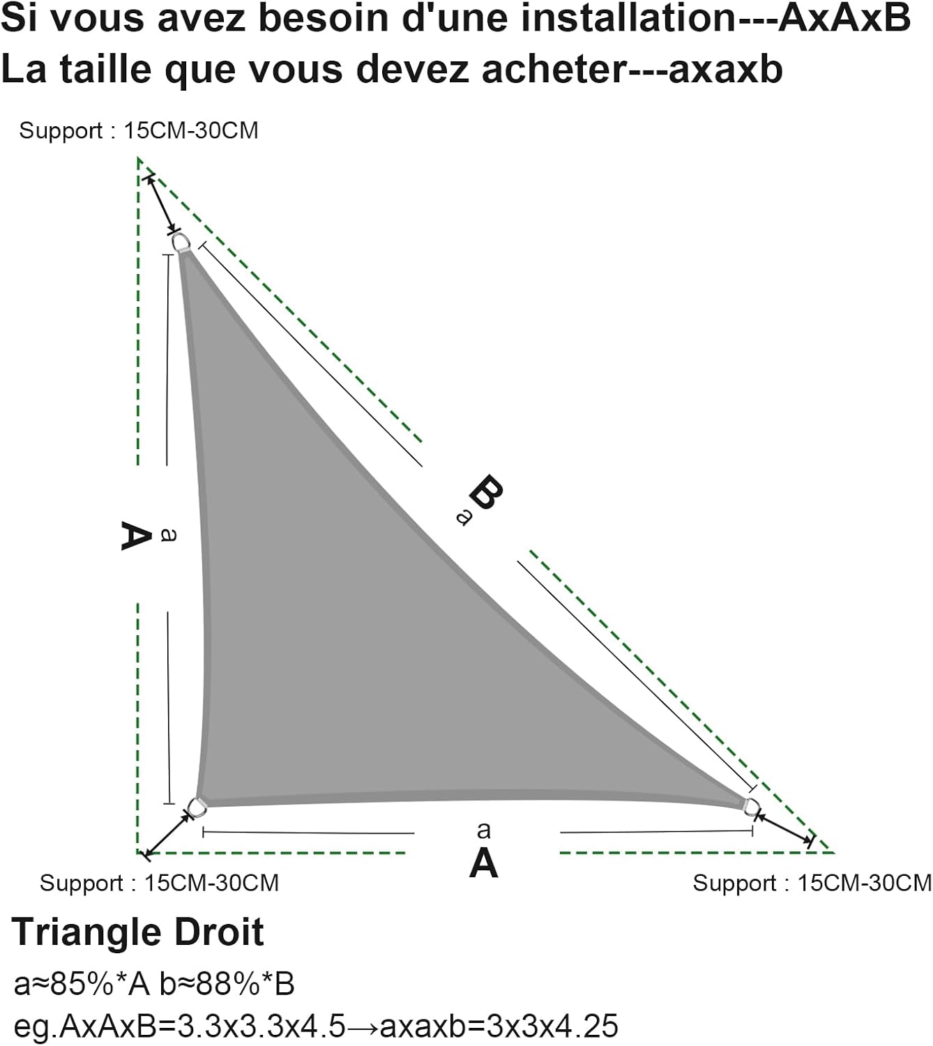 Voile d'ombrage triangulaire 3x3x4,3m, toile d'ombrage imperméable, anti-ultraviolet, convient pour jardin, terrasse, balcon, blanc - 5