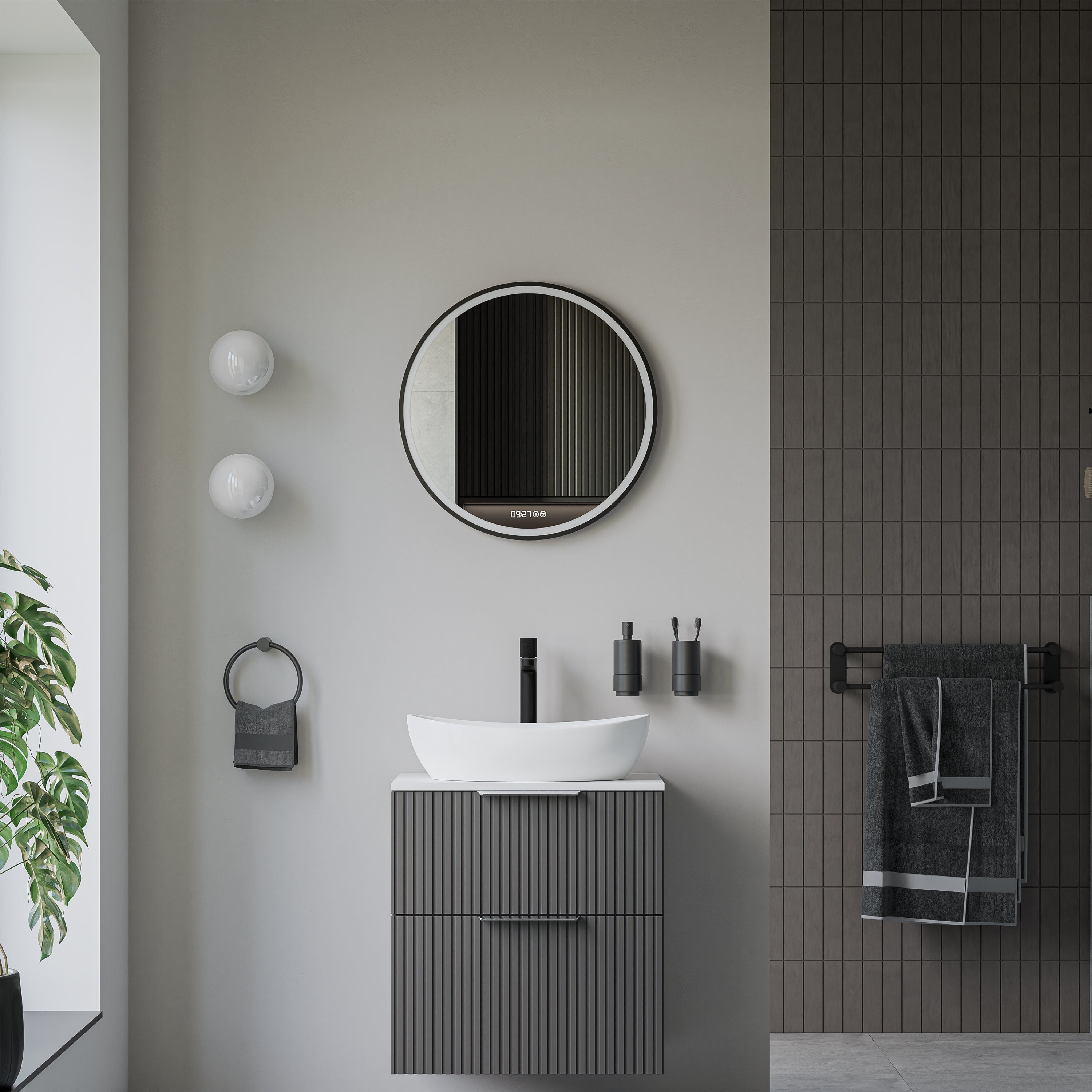BERNSTEIN - Miroir rond design éclairages LED avec bouton tactile, réglage de lumière, anti-buée et horloge, salle de bain - 8232-2.0 - Ø 60cm - 2