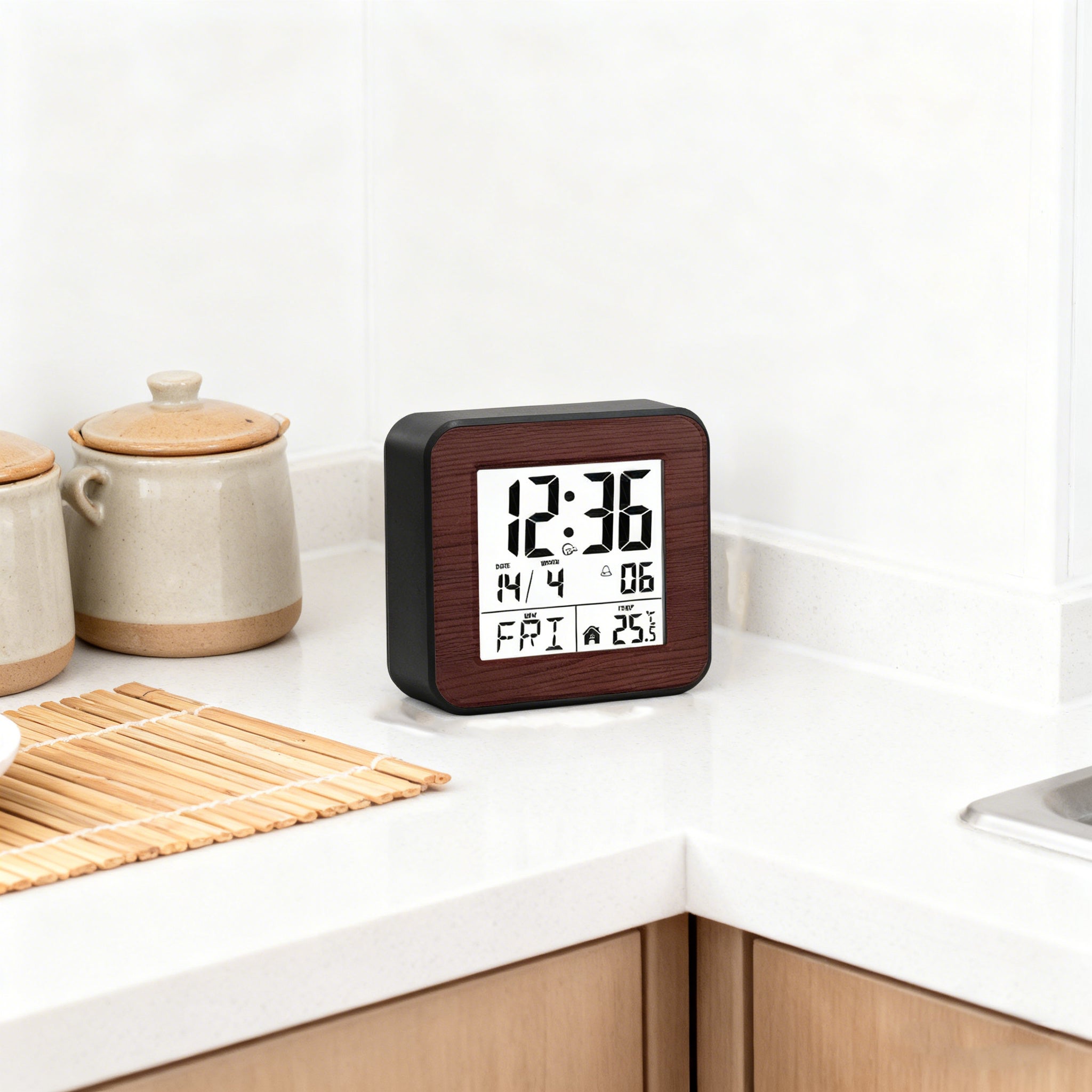 Set 4pcs sveglie digitali radiocontrollate con temperatura, data, schermo grande e snooze, perfette per camera, soggiorno e ufficio – marrone - 4