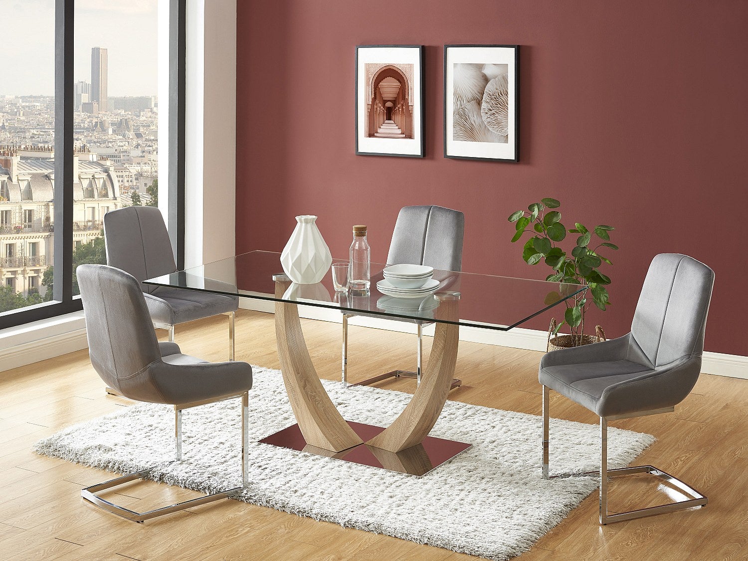 Stół jadalniany 6-osobowy z hartowanym szkłem, MDF-em i stalą nierdzewną - Naturalny jasny brąz - MELODIE II