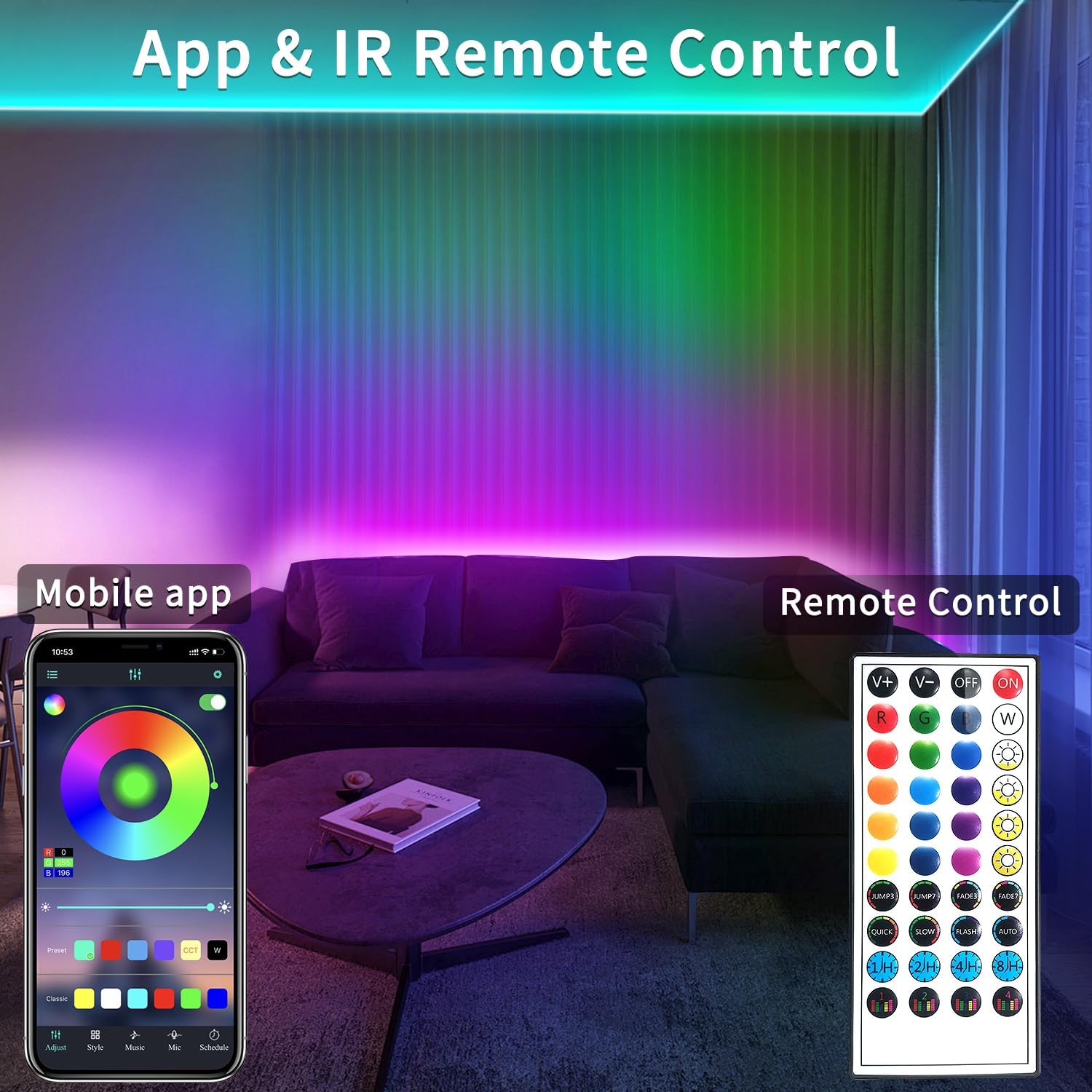 Striscia luminosa LED RGB, 30 m - 480 LED, ghirlanda luminosa LED per interni ed esterni, telecomando tramite app, impermeabilità IP65 - 3