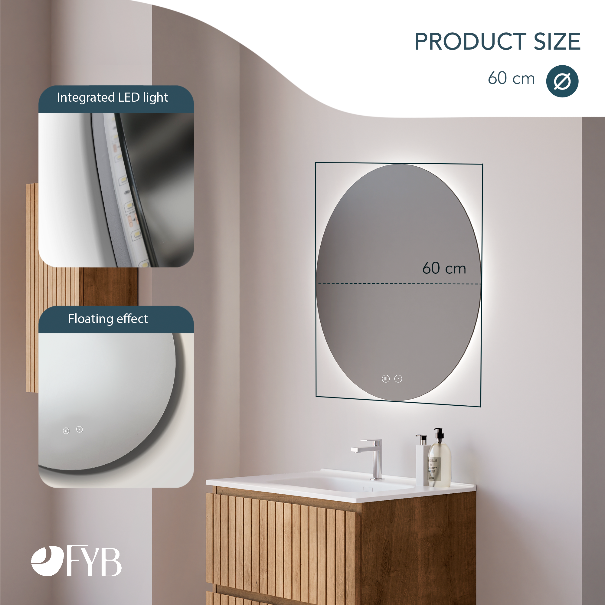 Feel Your Bath, Espejo de Baño Redondo con Luz LED Regulable 60cm, con Interruptor Táctil, Antivaho y Apagado Automático - Fácil de Instalar - 5