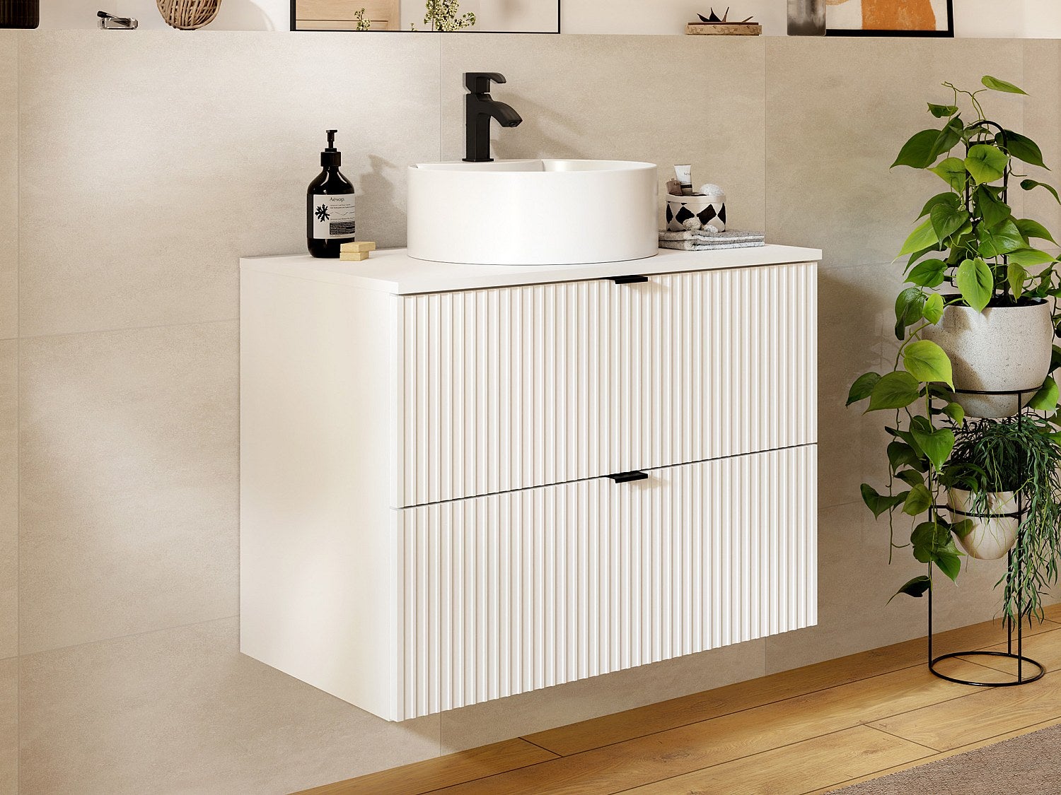 Szafka łazienkowa wisząca ryflowana z okrągłą umywalką nablatową - Biały mat - 80 cm - ZEVINI