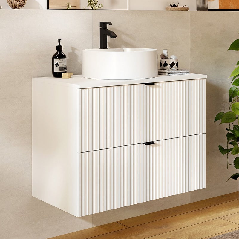 Szafka łazienkowa wisząca ryflowana z okrągłą umywalką nablatową - Biały mat - 80 cm - ZEVINI