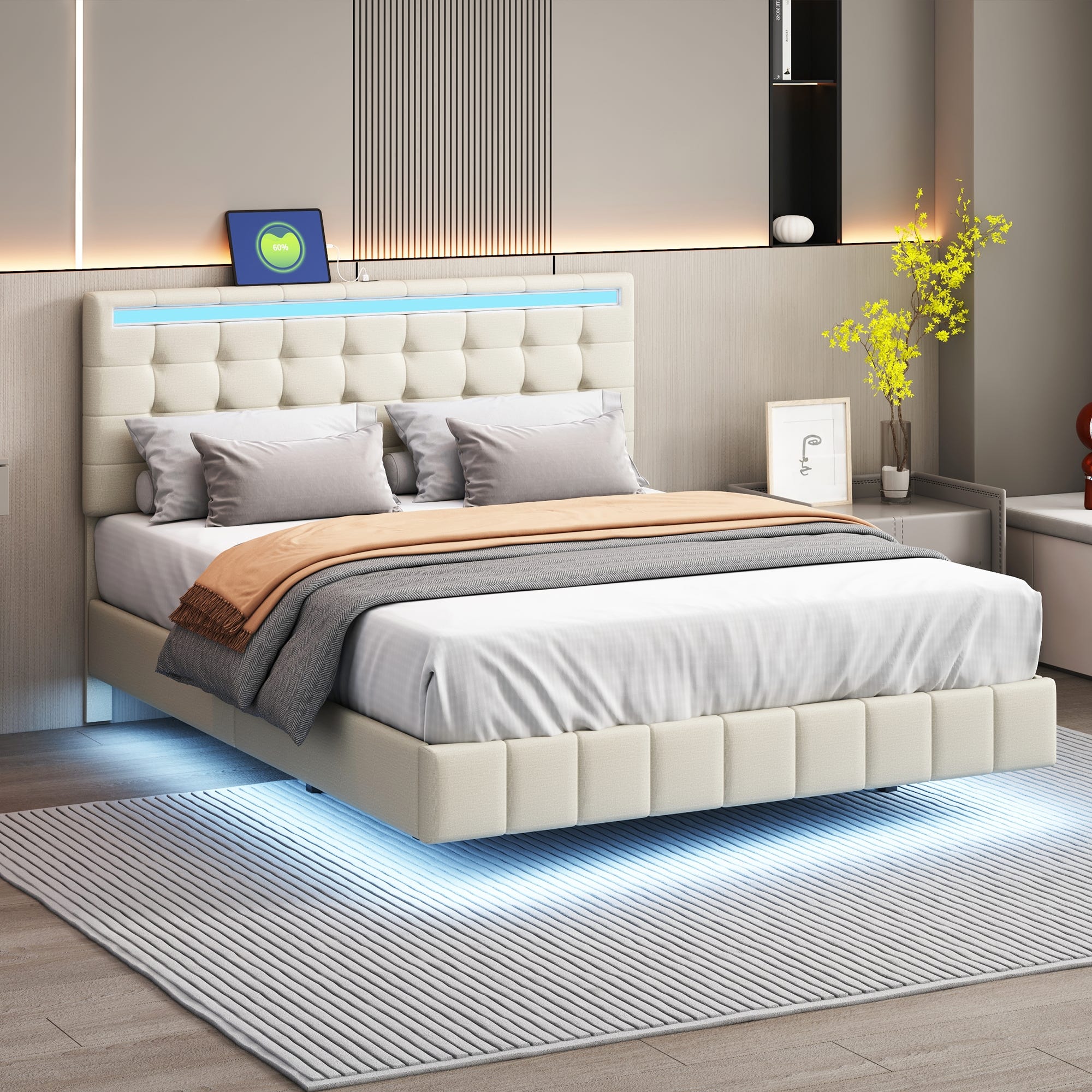 Cama tapizada de 140 x 200 cm, estructura de cama flotante tapizada con ...