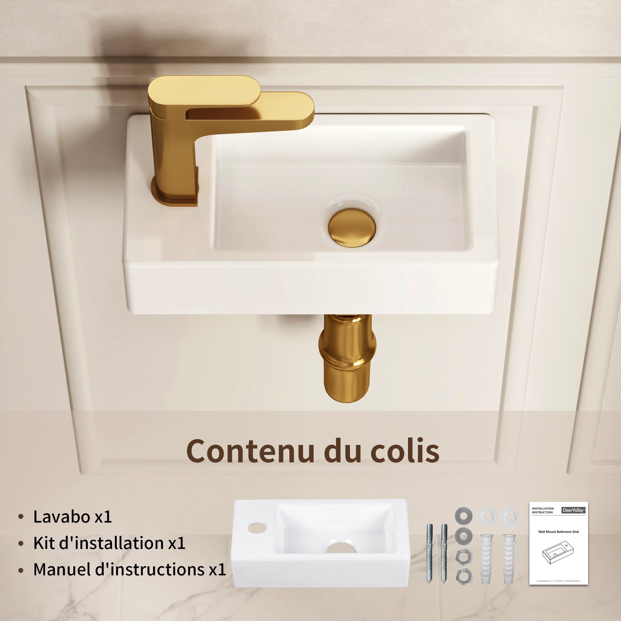 Vasque Lave Main Meuble - DeerValley Vasque Suspendu Rectangulaire Blanc pour Vasque Salle de Bain - Trou pour Robinet à Gauche 37x18x9cm - 5