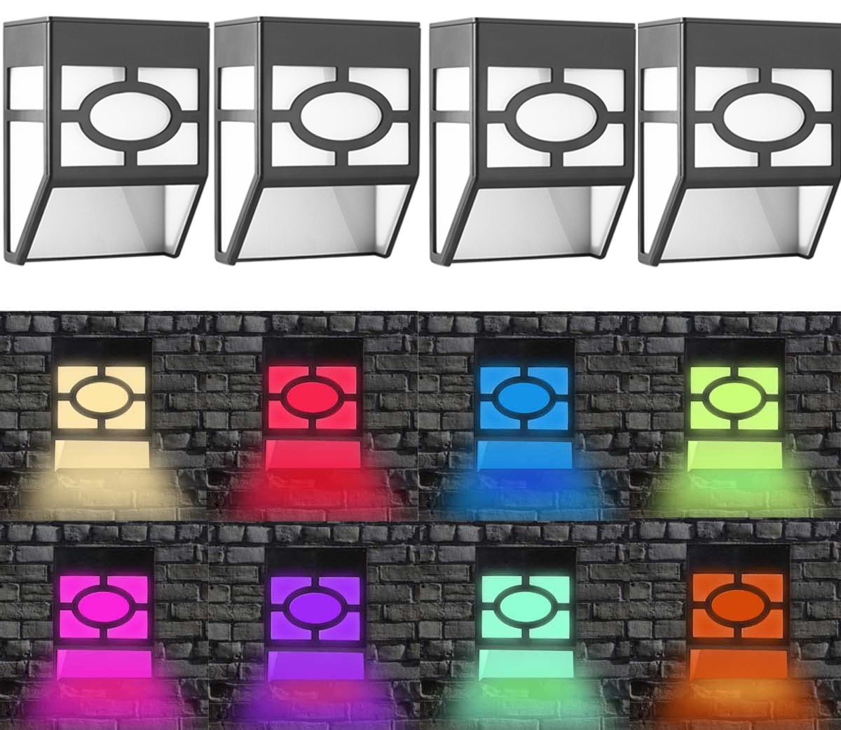 Zewnętrzne, solarne lampy ścienne, 4 sztuki, 2 tryby wodoodpornego oświetlenia LED na taras, ogrodzenie, patio, biały ciepły/zmiana koloru