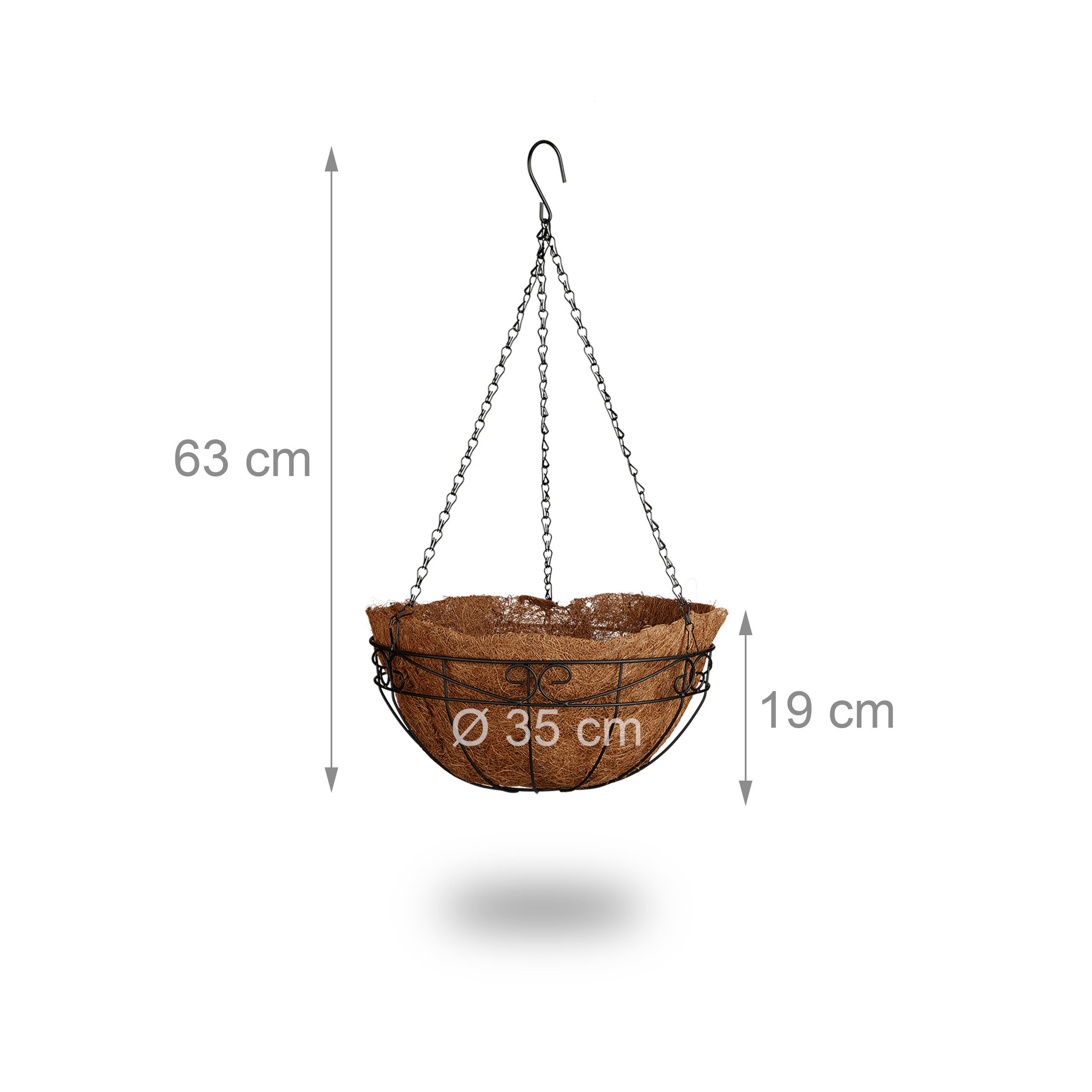 Lot de 3 suspension pour plantes, coco, 33 litres, avec chaîne, pot de 35 cm de diamètre, marron, Relaxdays - 3