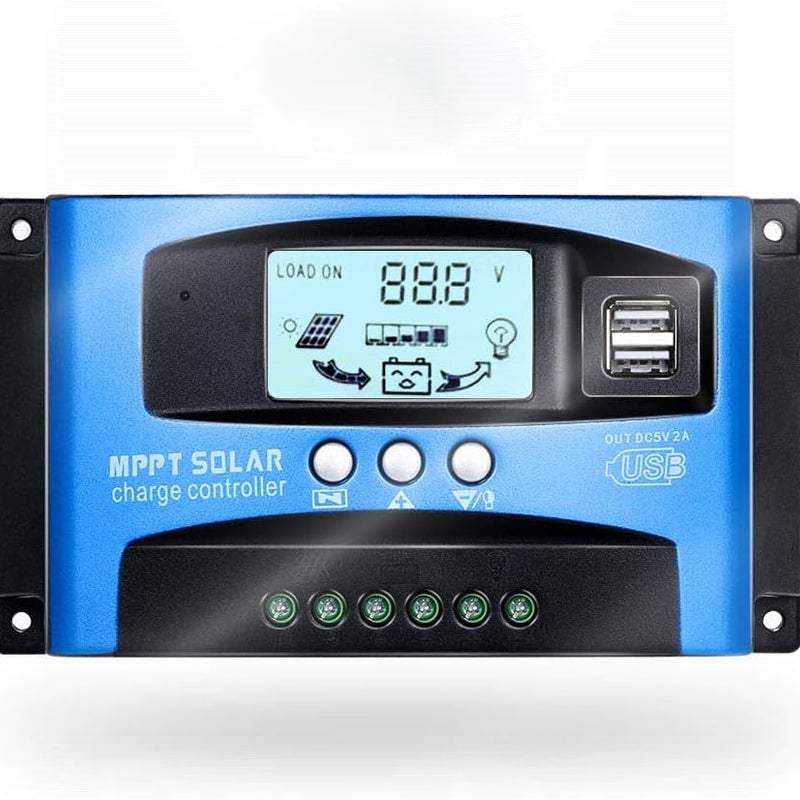 Regulator ładowania słonecznego 50A do automatycznych paneli słonecznych i akumulatorów 12V/24V z wyświetlaczem LCD i dwoma portami USB 5V.