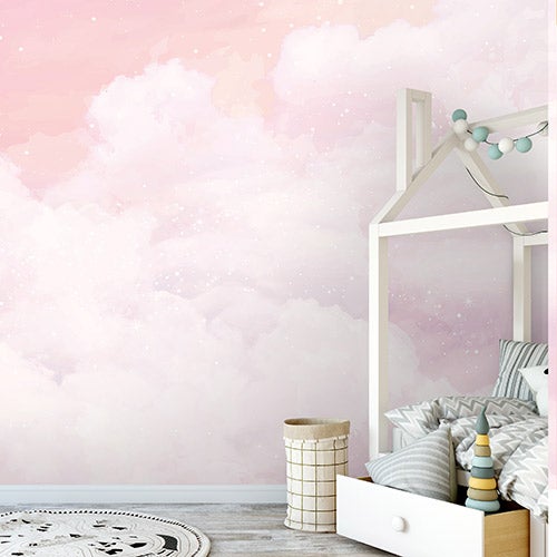 Papier Peint Enfant Nuages Rose Ciel Intissé Panoramique 400x280 cm - Colle Inclus - Chambre Enfant - Moderne Trompe l'oeil - 3