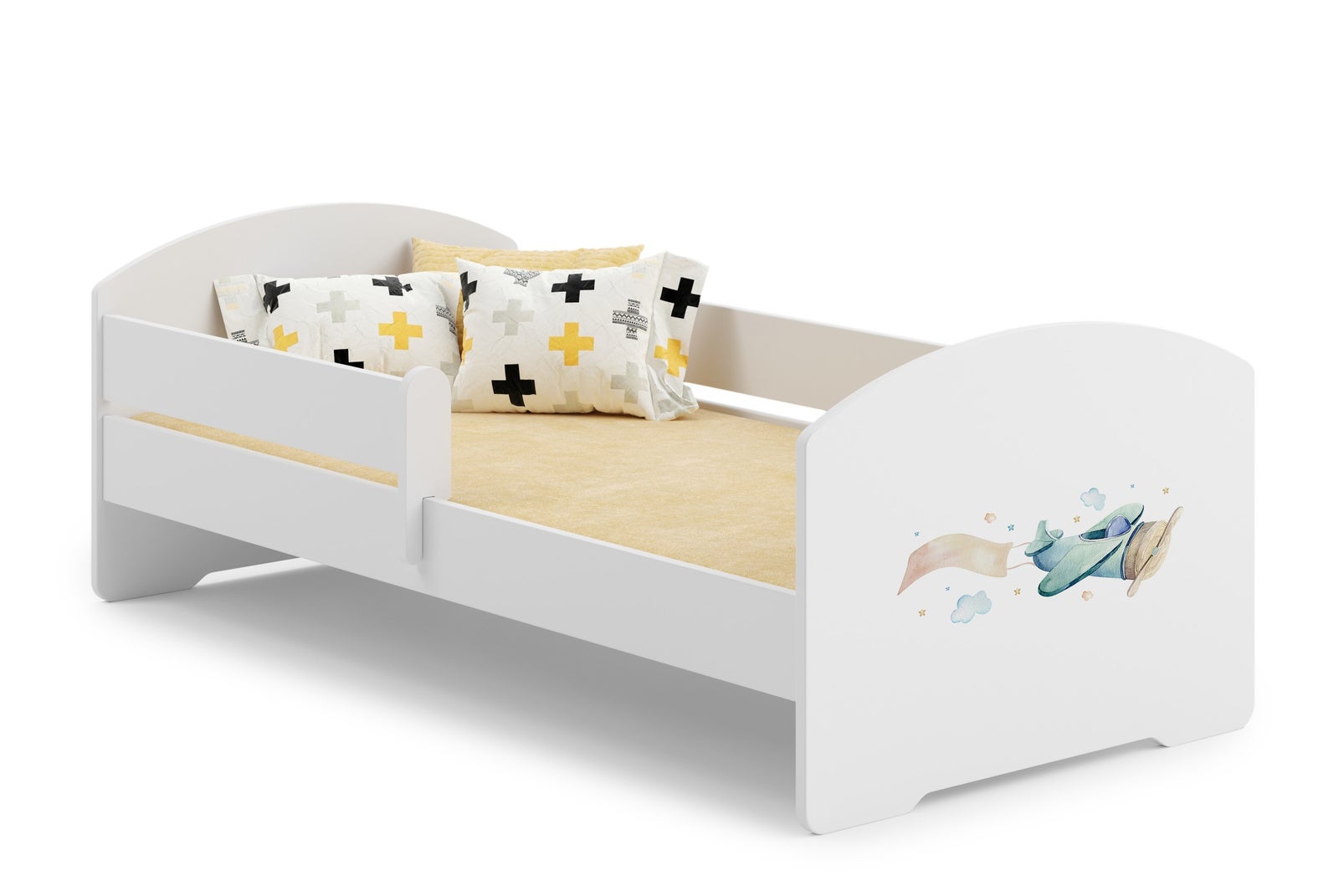 Białe Łóżko Dziecięce 140x70 cm z Motywem Samolotu i Barierką – W Zestawie Materac Piankowy i Pełna Konstrukcja, Wymiary: 144 x 77 x 56 cm