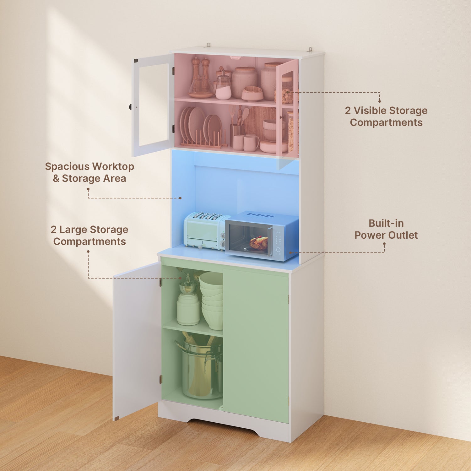 Meuble de rangement cuisine haut blanc,180 cm,4 portes avec compartiments et portes vitrées - 8