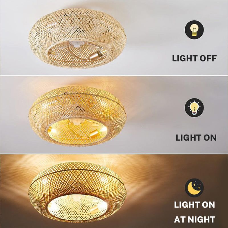 Ventilateur de plafond 6 Vitesses 50cm Silencieux Rotin Naturel Tissé Lampe de Plafond pour Salon Chambre Salle à Manger Lumière - 6