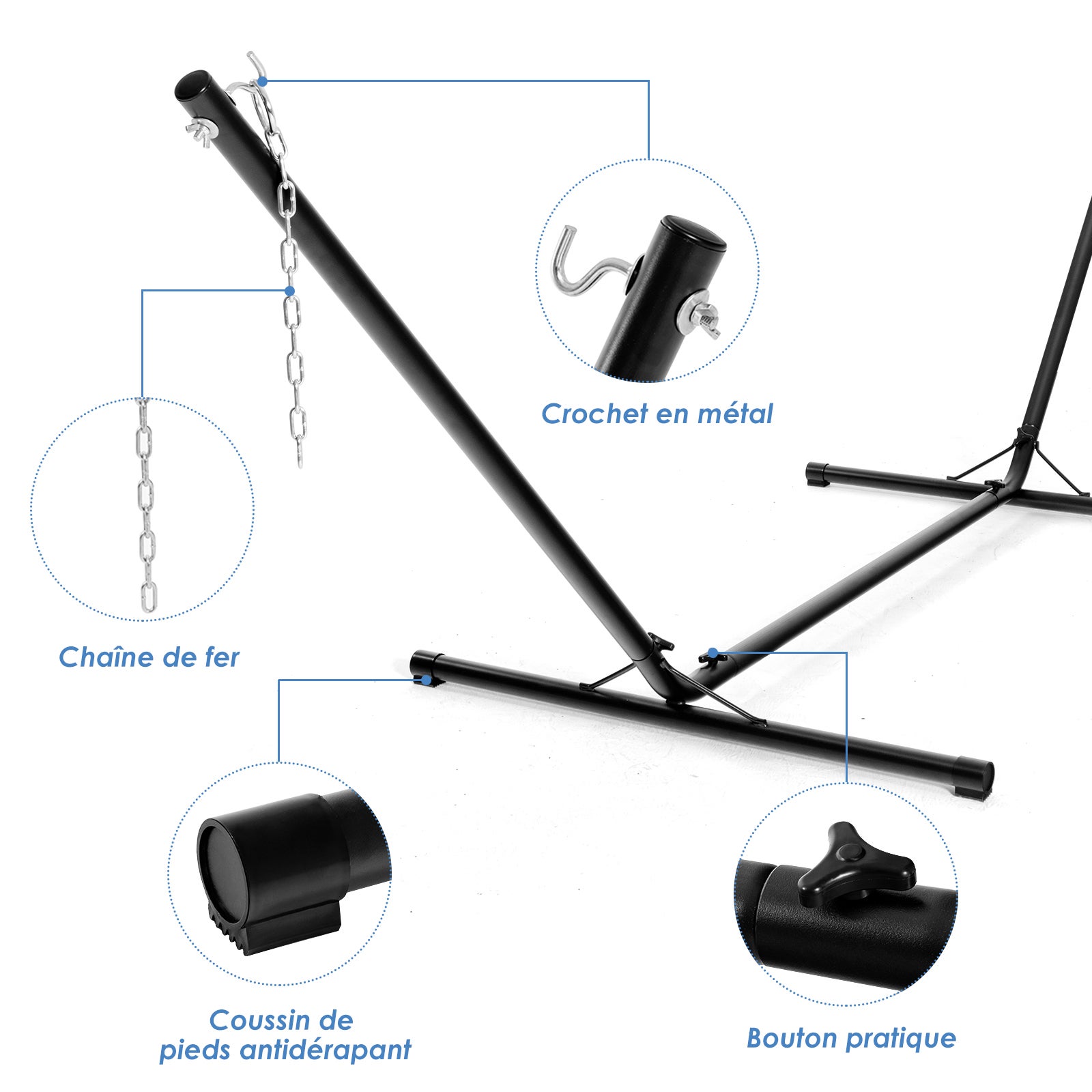 Support de Hamac en Métal 325 x 100 x 106 cm, Charge 150 KG, Structure de Hamac&nbsp;pour Accrocher Lit Balancelle et Chaises Suspendues, Noir - 2