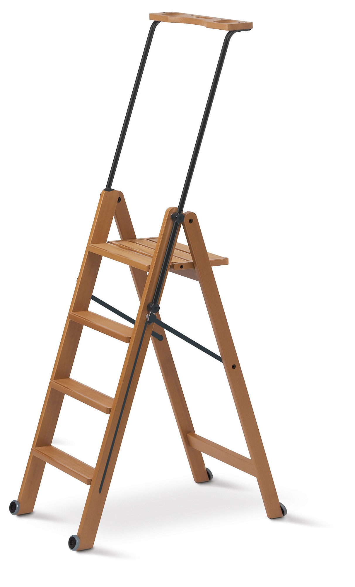 Arit - escalera tuscania 4, escalones antideslizantes, sistema de seguridad, compartimento superior, ruedas - color madera de cerezo