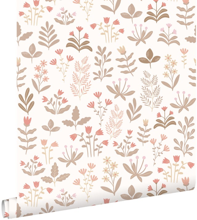 Papier peint fleurs des champs vert grisé, rose clair et rouge - 50 x 900 cm - ESTAhome