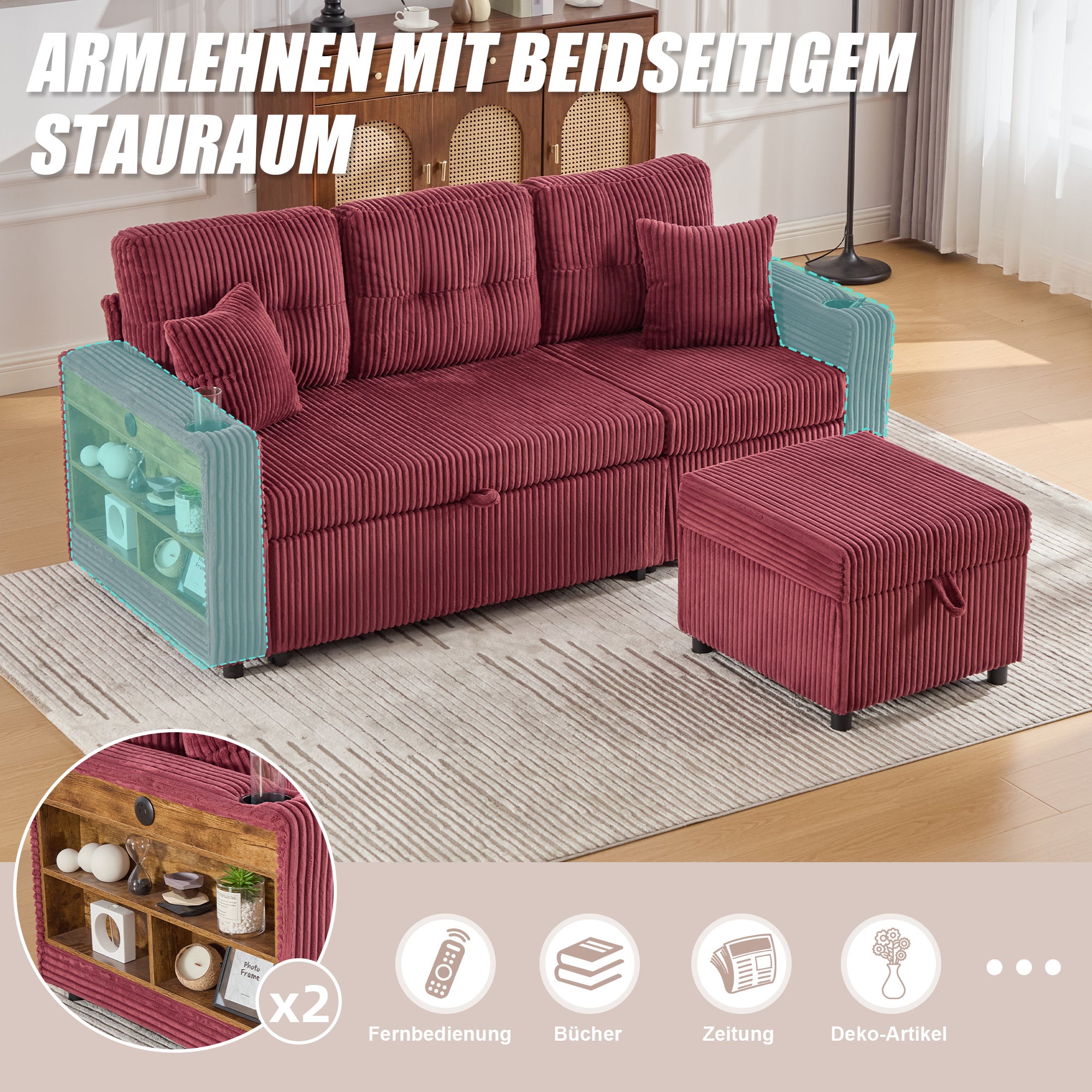 Canapé multifonctionnel en velours côtelé - Rangement + Lit pliant + USB-C + Éclairage d'ambiance + Porte-gobelet (Salon/Chambre d'amis) - 4