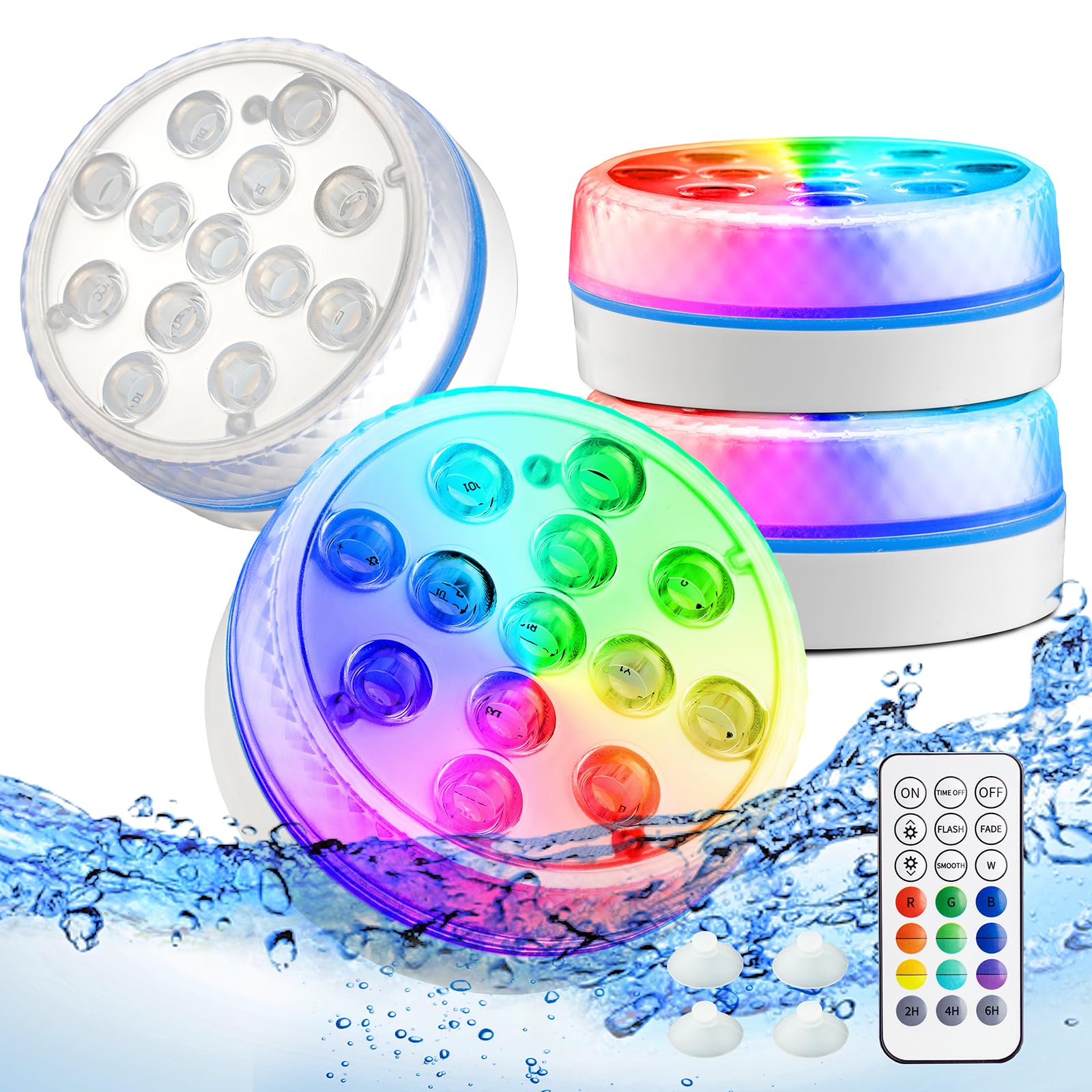 Zestaw 4 podwodnych lamp LED z pilotem RF i przyssawką, wodoodporne IP68, timer, odpowiednie do stawów i basenów (8,5 cm)