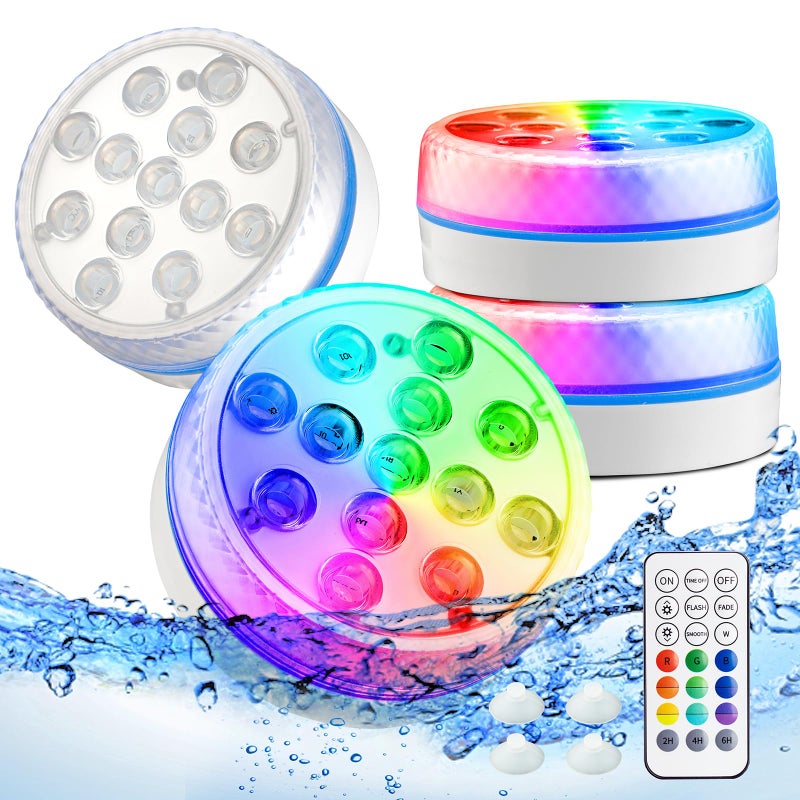 Zestaw 4 podwodnych lamp LED z pilotem RF i przyssawką, wodoodporne IP68, timer, odpowiednie do stawów i basenów (8,5 cm)