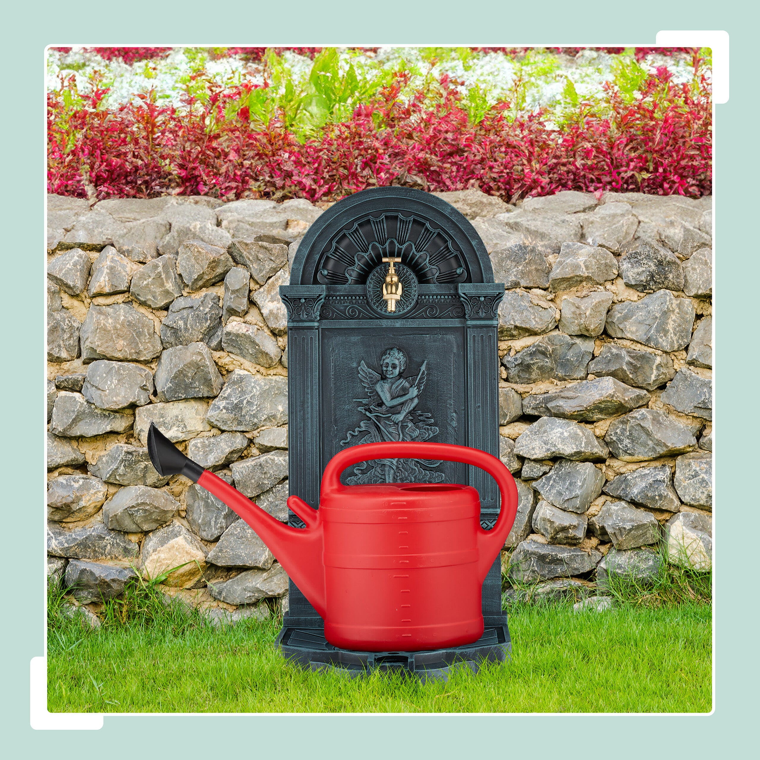 Fontaine extérieure de jardin, design antique, petit ange, H x L x P : 83 x 39 x 33 cm, gris et vert, Relaxdays - 2