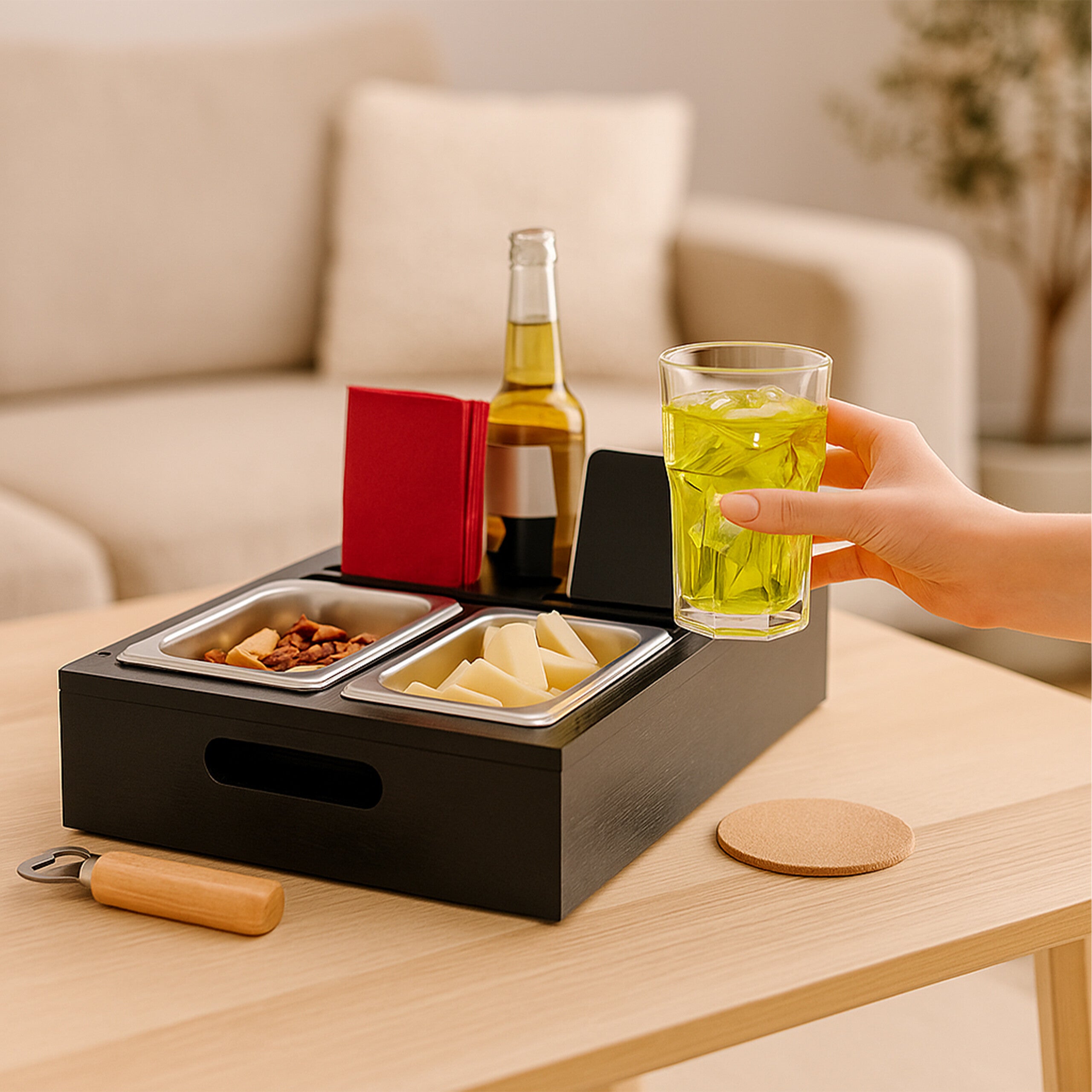 Relaxdays Vassoio da Divano, Couch Bar 3in1, Ciotole in Acciaio per Snack, Porta Bevande e