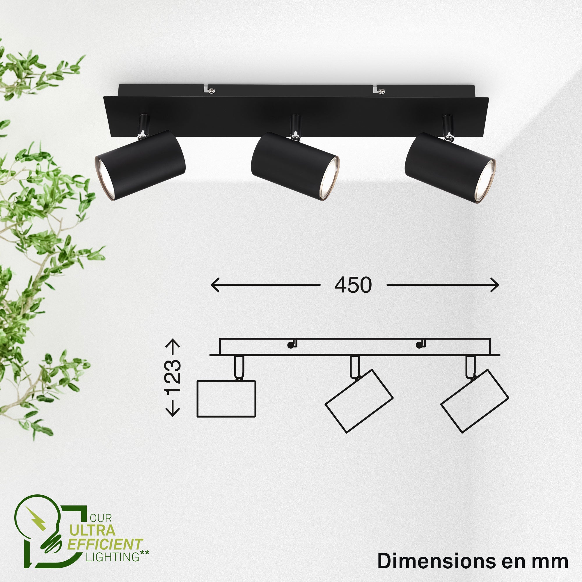 Spot LED 3-flammes - Classe d'efficacité énergétique A - IP20 - 450x80x125mm - Noir - 3.000K - 3x2W / 450lm - Briloner - 9