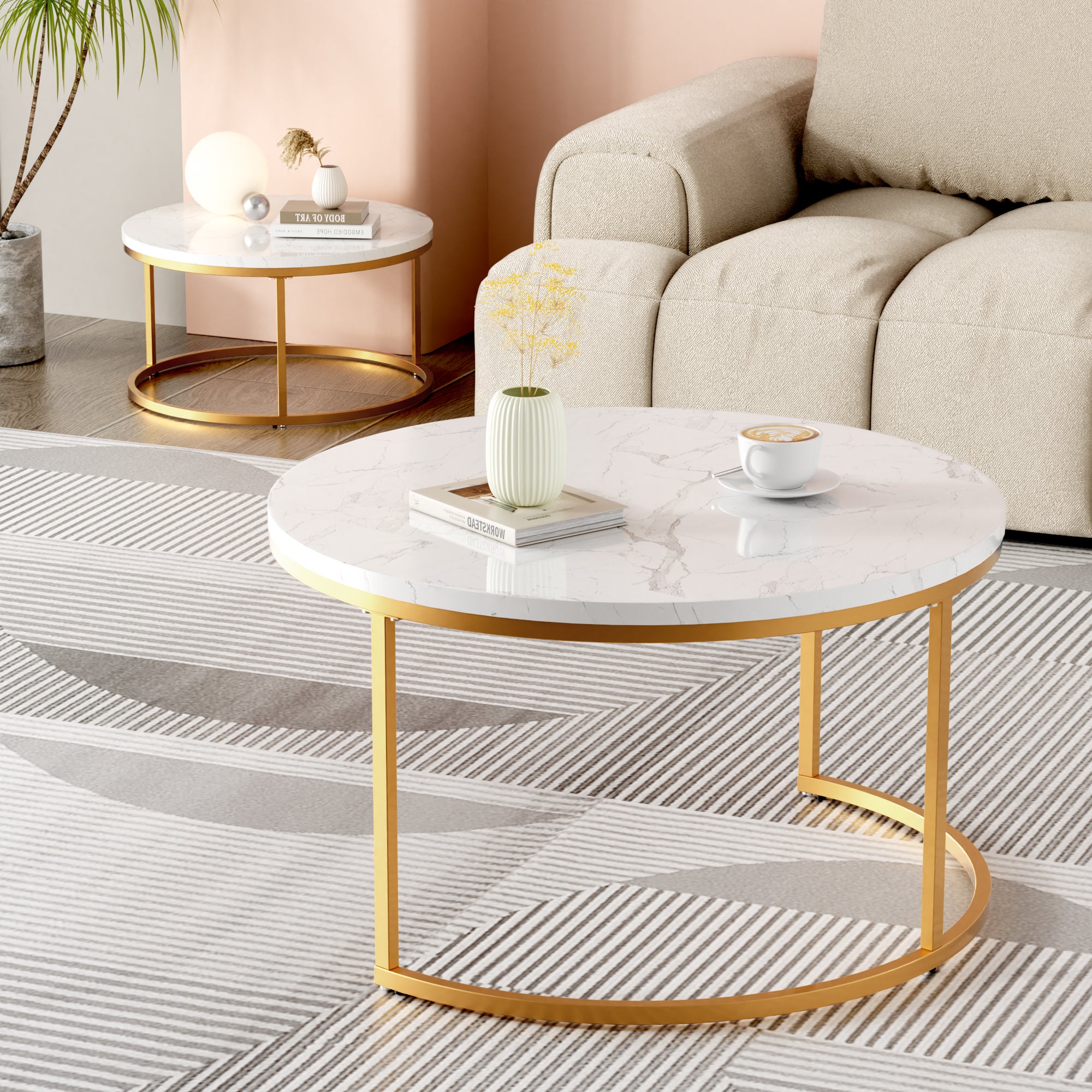 Lot de 2 Tables Basses Gigognes en MDF, Table d'Appoint pour Salon, Doré - 7