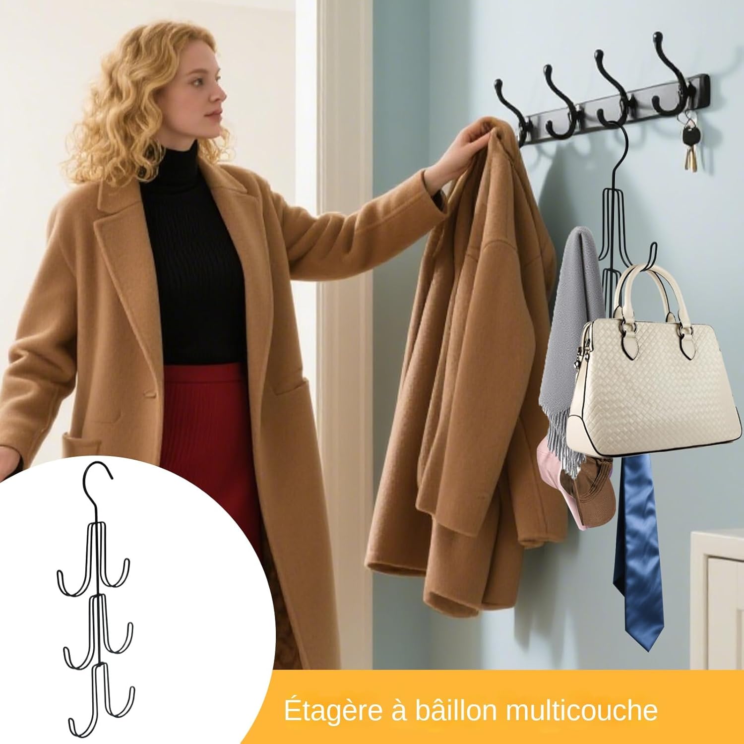 Rangement Sac à Main,Set de 5 Crochet Porte Sac à Main, Organisateur Multicouche de Rangement pour Sac pour Manteau, Veste, Ceinture, Cravate, écharpe, Sac à Dos