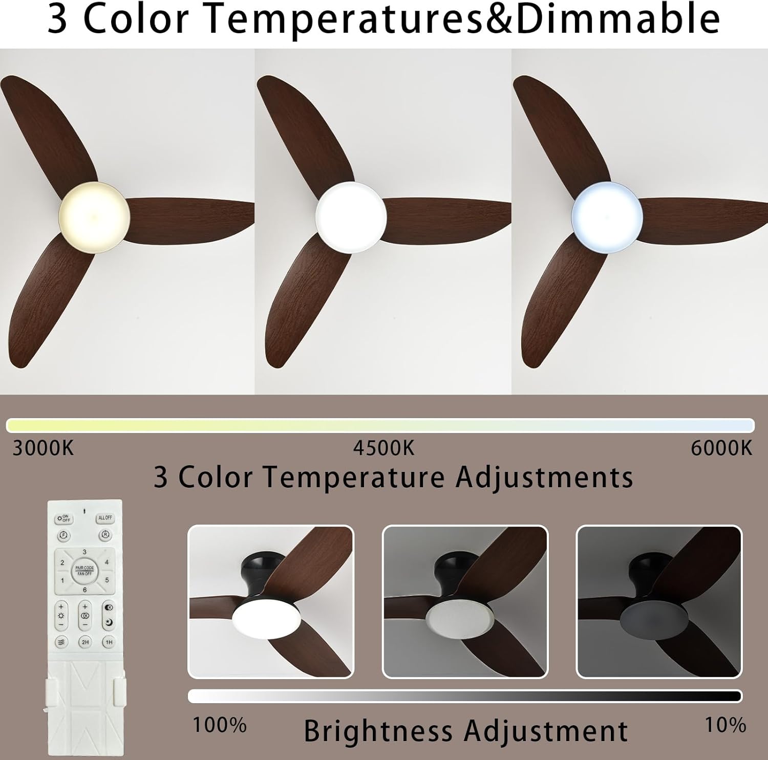 Ventilateur de plafond 100 cm avec lumière, télécommande/contrôle par application, gradation continue, 6 vitesses de vent, minuterie, réversible - 3