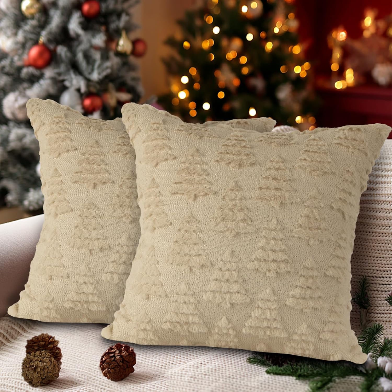 Zestaw 2 poszewek na poduszki świąteczne 45x45 cm, poszewki na poduszki w kształcie choinki, miękkie poszewki dekoracyjne na poduszki do biura (beżow