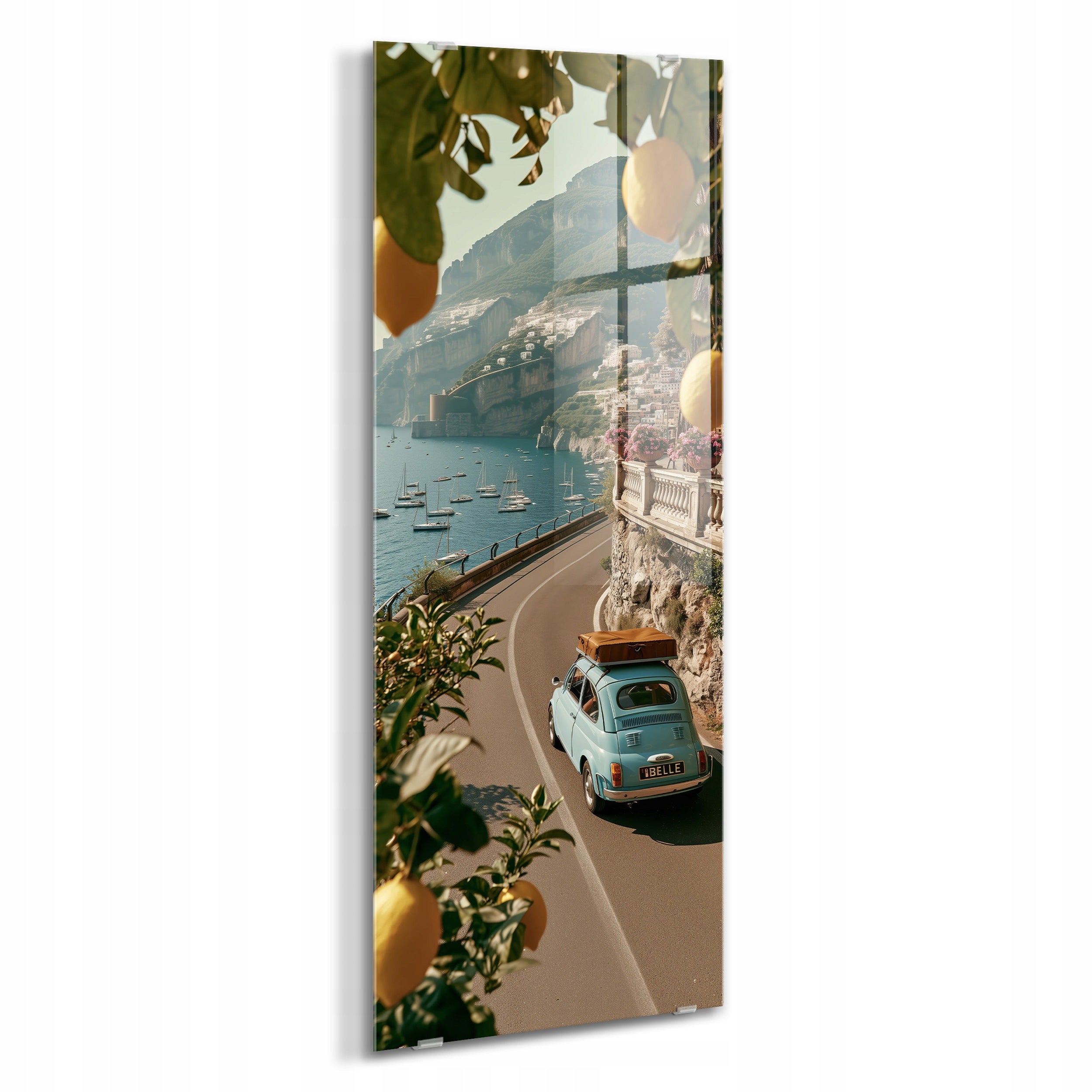 STYLER Tablou pe sticlă Glasspik Italia, coastă, lămâi și mașină 30 x 80 cm, pentru living, dormitor, hol și birou