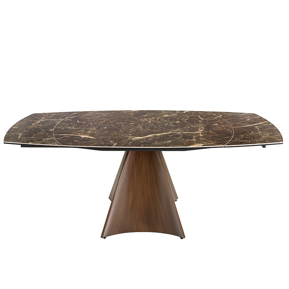 Table à manger à rallonge baril ovale marbre porcelaine et acier effet noyer Ø135 x 90 x 75 cm - 7