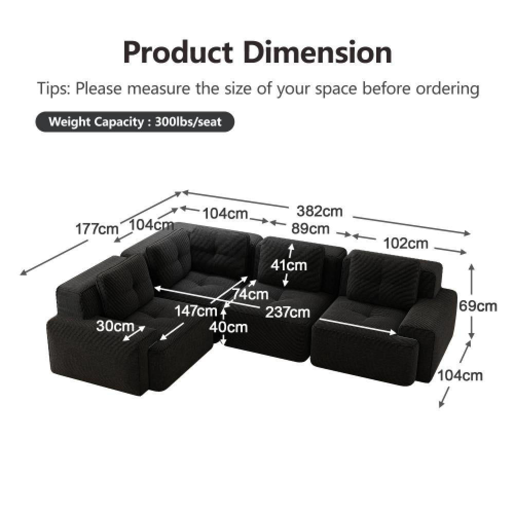 Canapé d’angle modulable et configurable, canapé 4 places sans cadre, confortable en velours côtelé, salon et chambre - 3