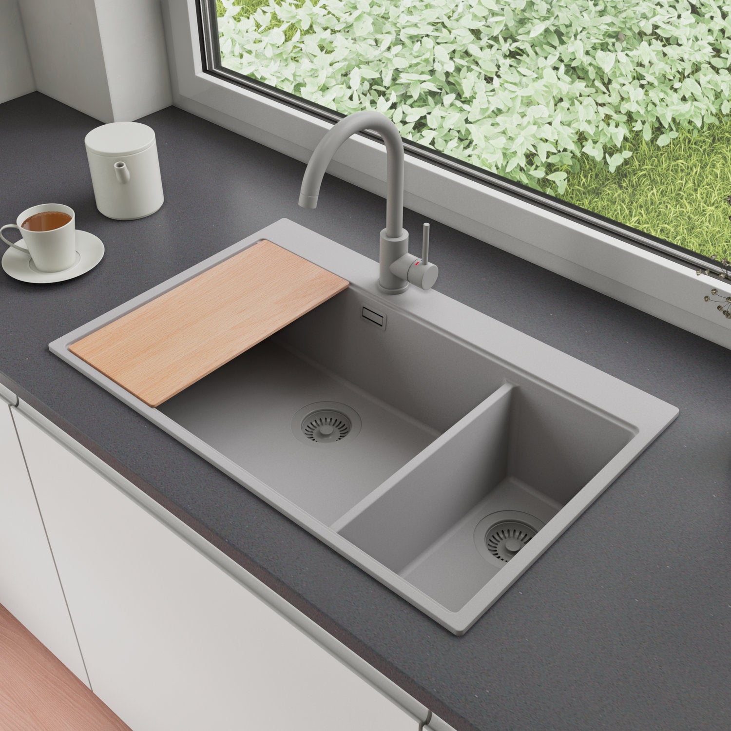 Zlewozmywak Granitowy 78x50cm, do szafki od 80cm + Bateria + Syfon + Deska - Rubin Szary STONESTYLE