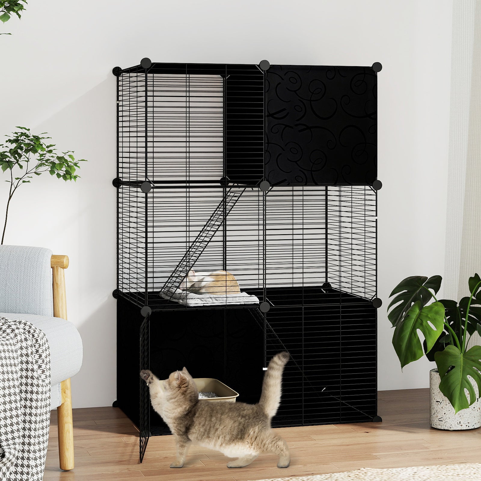 Grand Cage Chat à 3 Niveaux, Enclos pour Chats en Fil Métallique, 3 Portes et 2 Rampes, Cage Modulable DIY, Serrure de Porte, pour Petite Animaux - 2