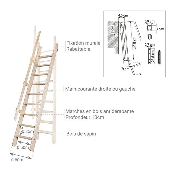 Echelle de meunier : 55cm de large - Couleur : Bois Naturel - 1 rampe - MSP/BN - 3
