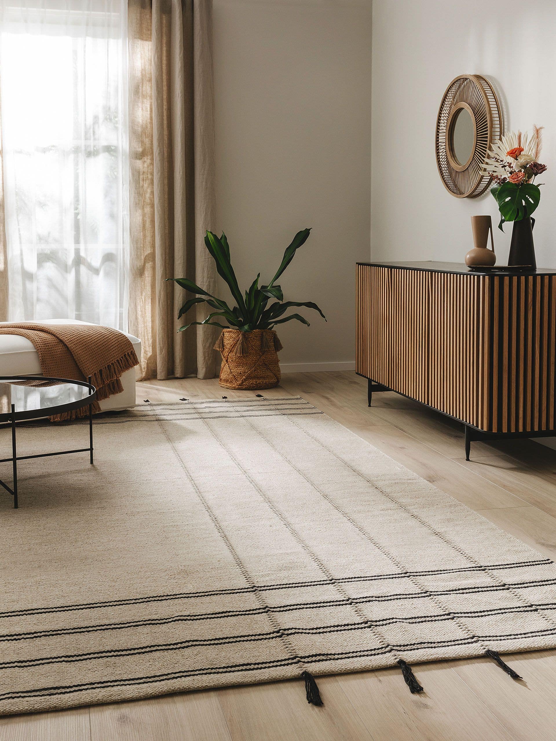 Tapis Long Lantenot En Jute Mélangé Beige/Noir - Tissé Main, Style Naturel Rayé Intemporel